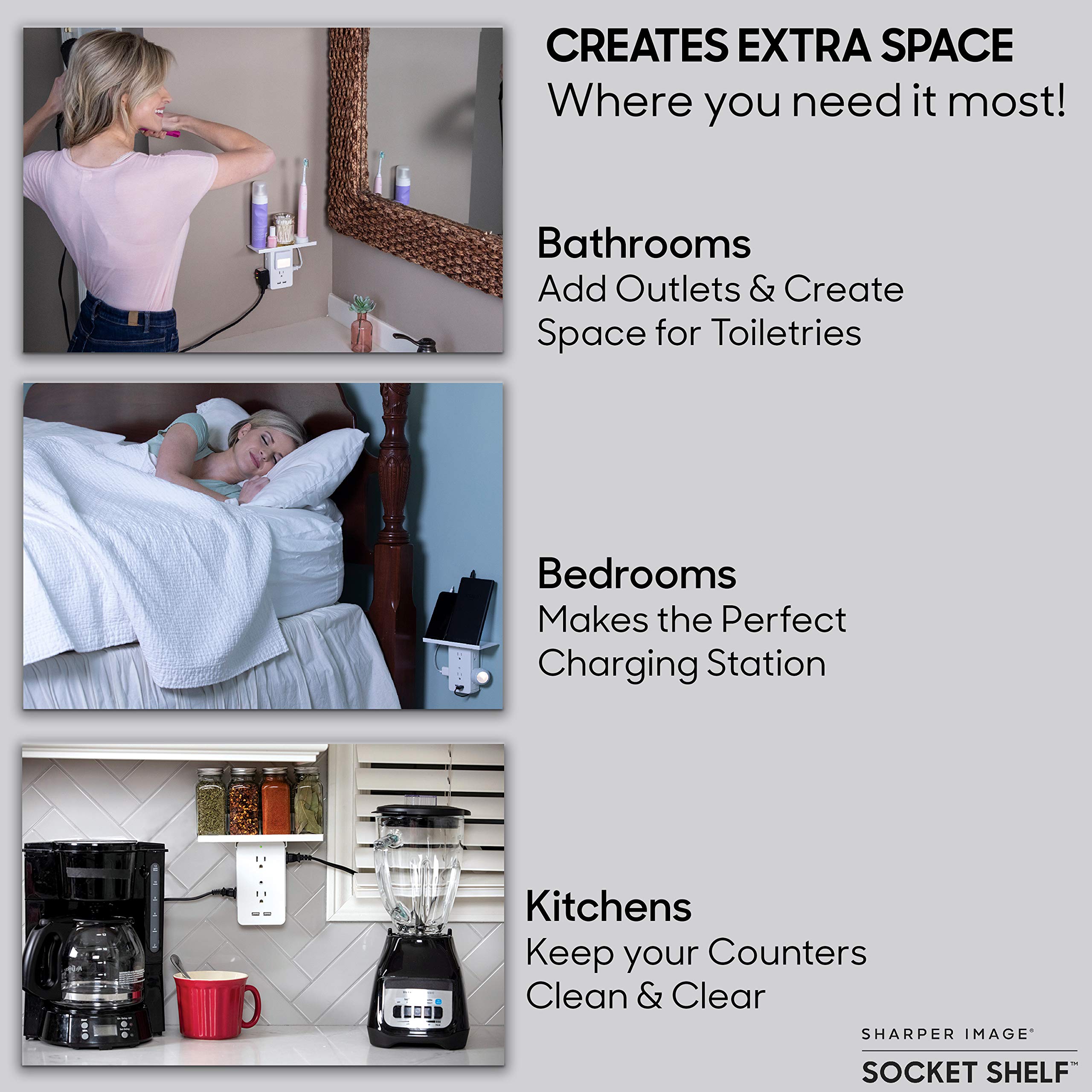 Socket Shelf- 8 Port Surge Protector Wall Outlet, 6 Electrical Outlet Extenders, 2 USB Charging Ports & Removable Built-In Shelf UL Listed