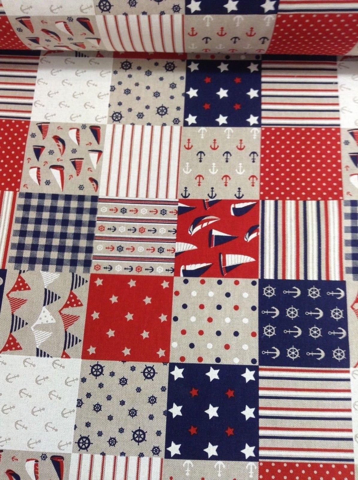 Patchwork Seaside Fun Linen/Red/Blue 140cm Wide Cotton Designer Material Sewing Upholstery Curtain Craft Fabric (Metre)