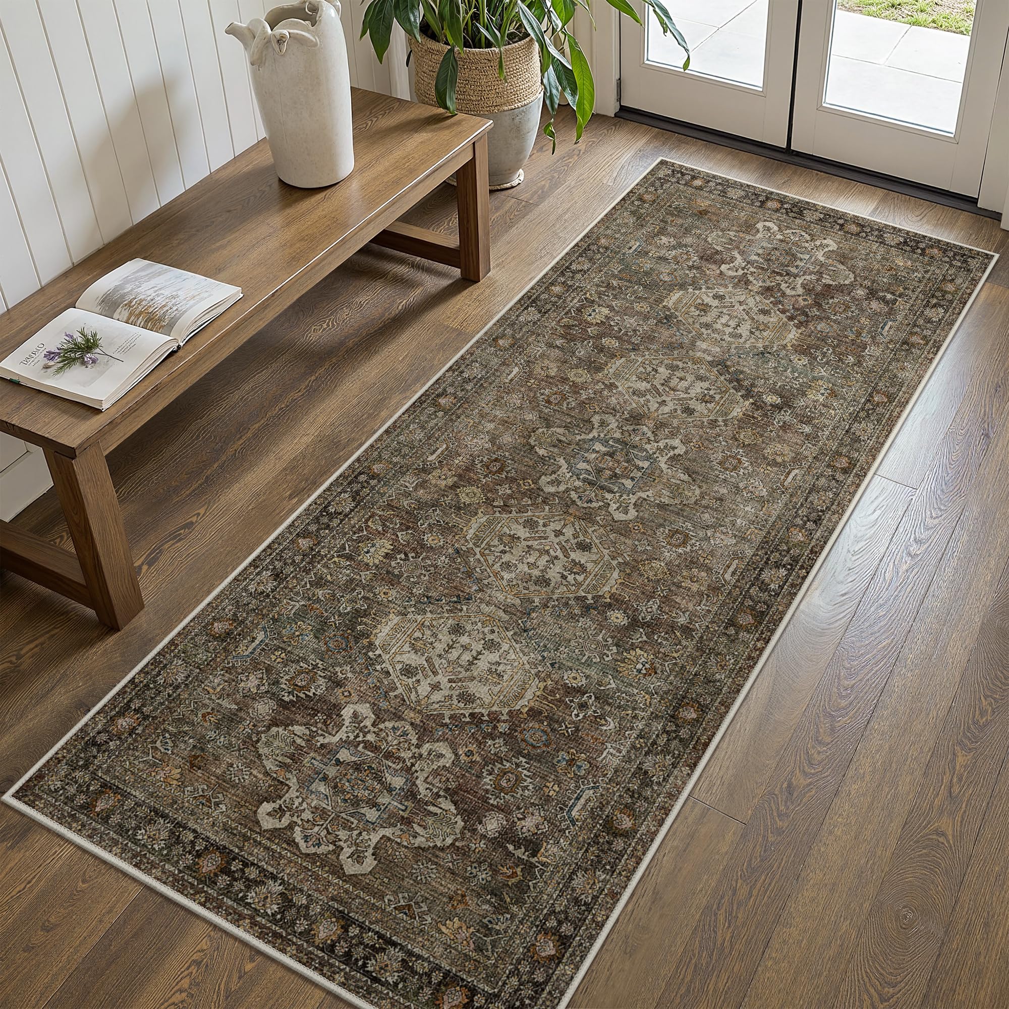 Bavni Washable Runner Rug 2x6, Non Slip Hallway Rug, Vintage Aesthetic Thin Low Pile Washable Carpet for Kitchen Bedroom Entryway, Brown Image