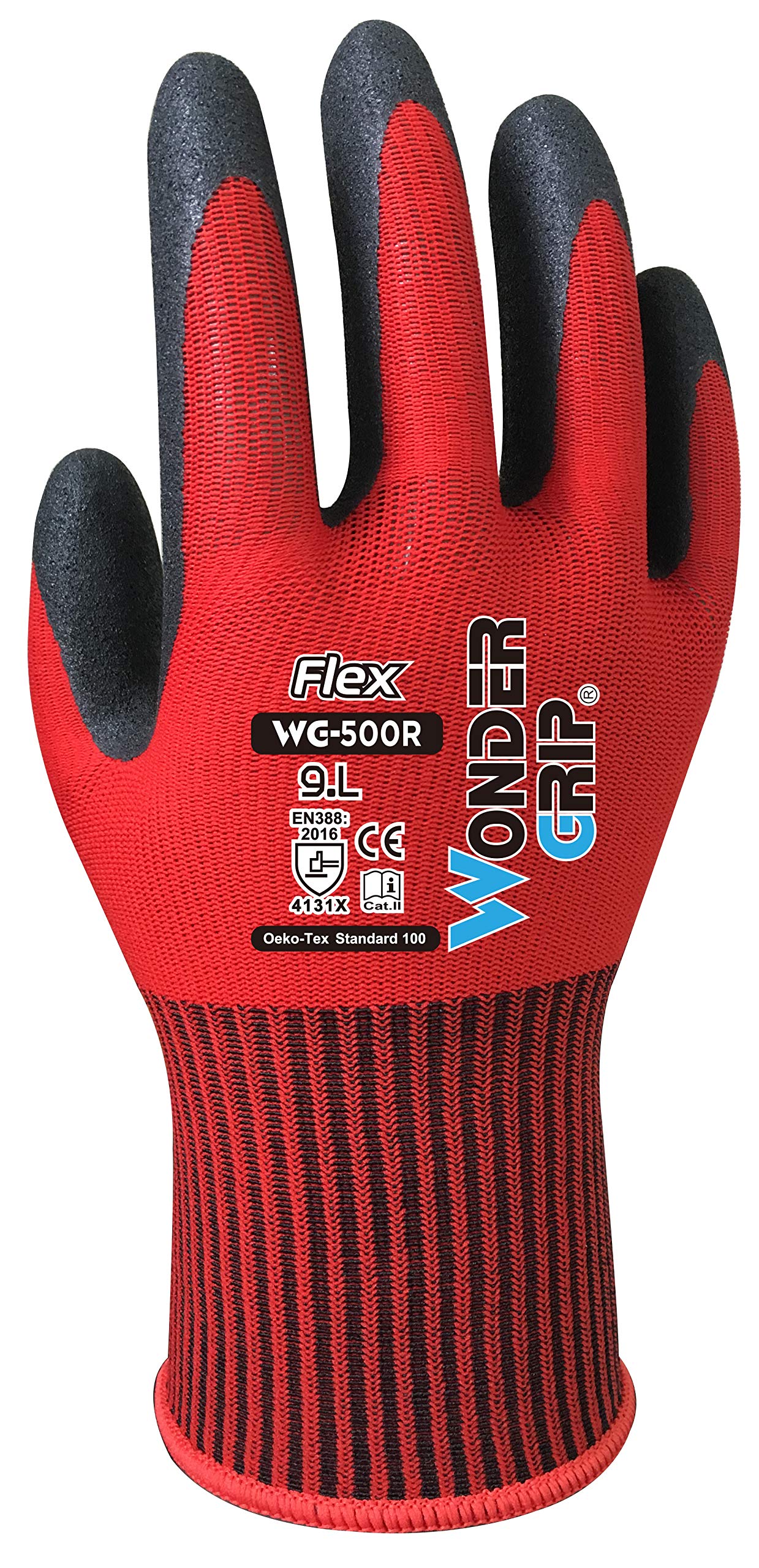 Wondergrip - Flex - WG-500R Safety Gloves - Single Nitrile Coating - DuaLiner Technology - High Grip & Ergonomic Fit - For Dry-to-Oily Conditions - Red - Large