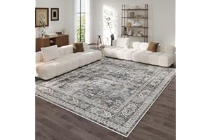 Rugcomf Living Room Rug 6x9 Rug Machine Washable Boho Soft Area Rug Non Slip Vintage Low Pile Large Rug for Living Room, Bedroom, Farmhouse, Dining Room, Kids Playroom(Grey and Brown)
