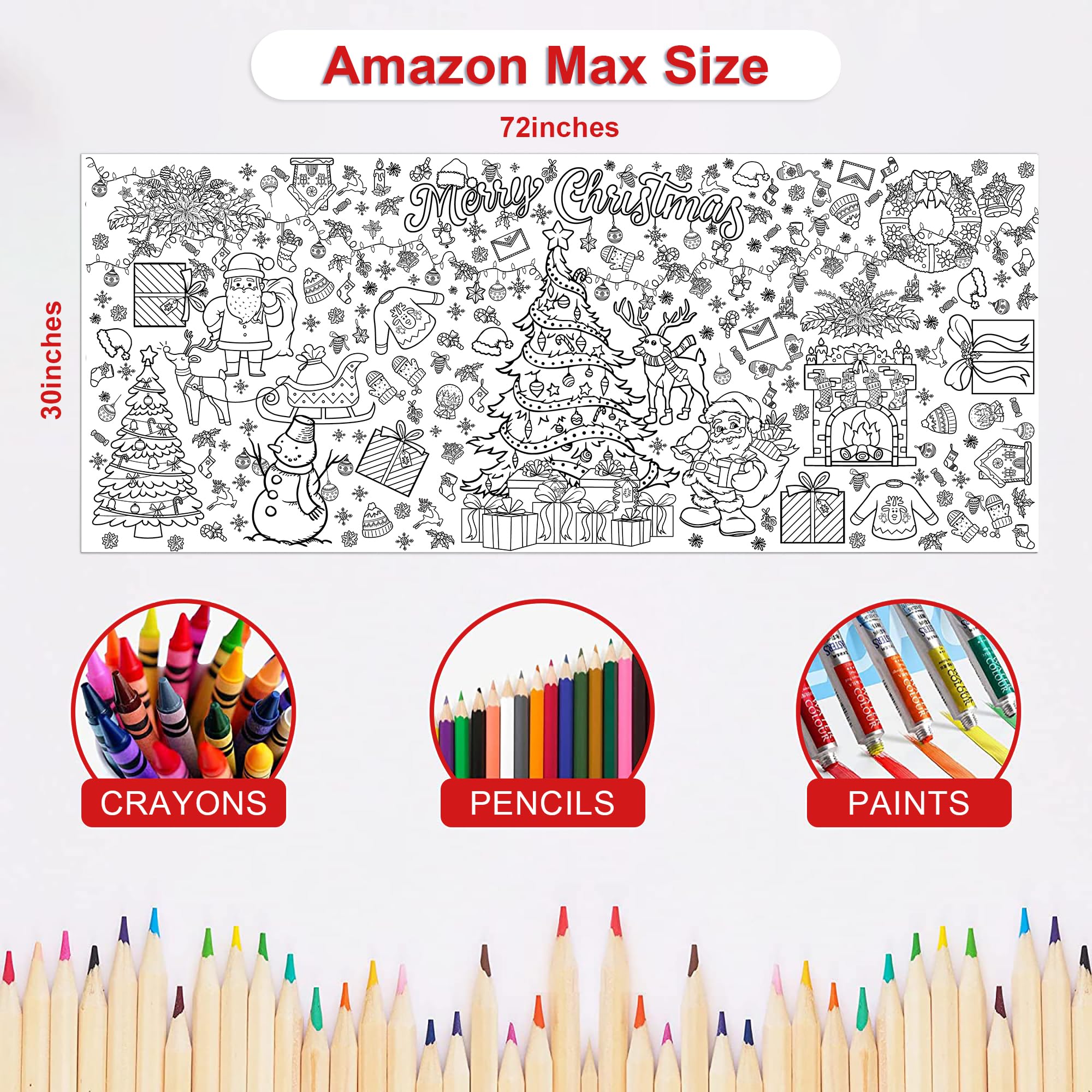 OHOME Xmas Giant Coloring Poster/Tablecloth-Christmas Crafts for Kids-30 x 72 Inches Jumbo Paper Coloring Banner Kids Gifts Activities Toys Party Classroom Christmas Decorations[Kids Games]