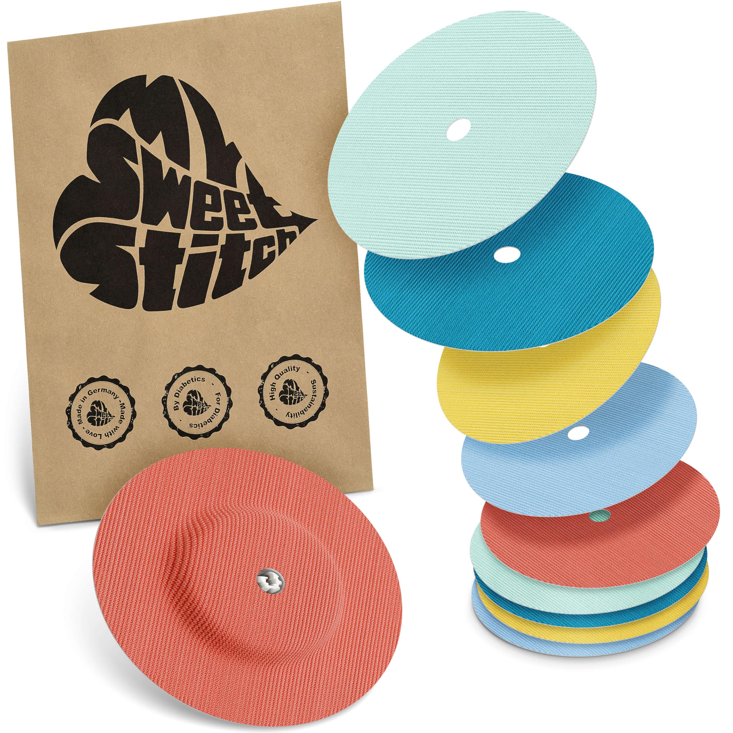 MySweetStitch - 10 x Freestyle Libre 1 & 2 Round Patches with Ventilation Hole, Overpatch Ø 65mm, Waterproof, Breathable, Made in Germany, Pastel