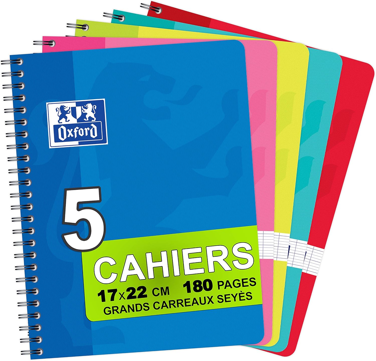 Oxford Office Classique 100101540 Spiral-Bound Notebook Quadrille-Ruled (Large Squares) 17 x 22 cm 180 Pages Assorted Colours