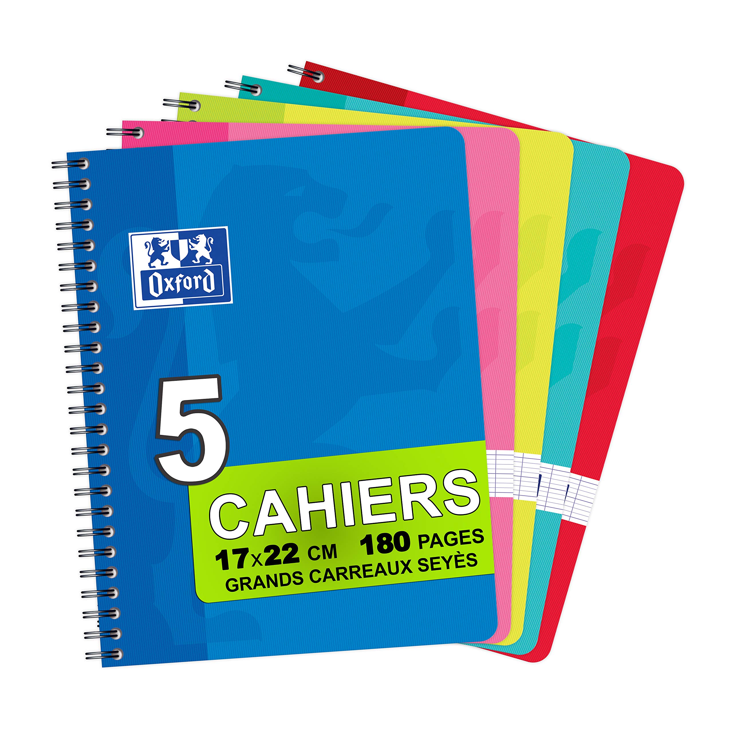 Oxford Office Classique 100101540 Spiral-Bound Notebook Quadrille-Ruled (Large Squares) 17 x 22 cm 180 Pages Assorted Colours - Pack of 5