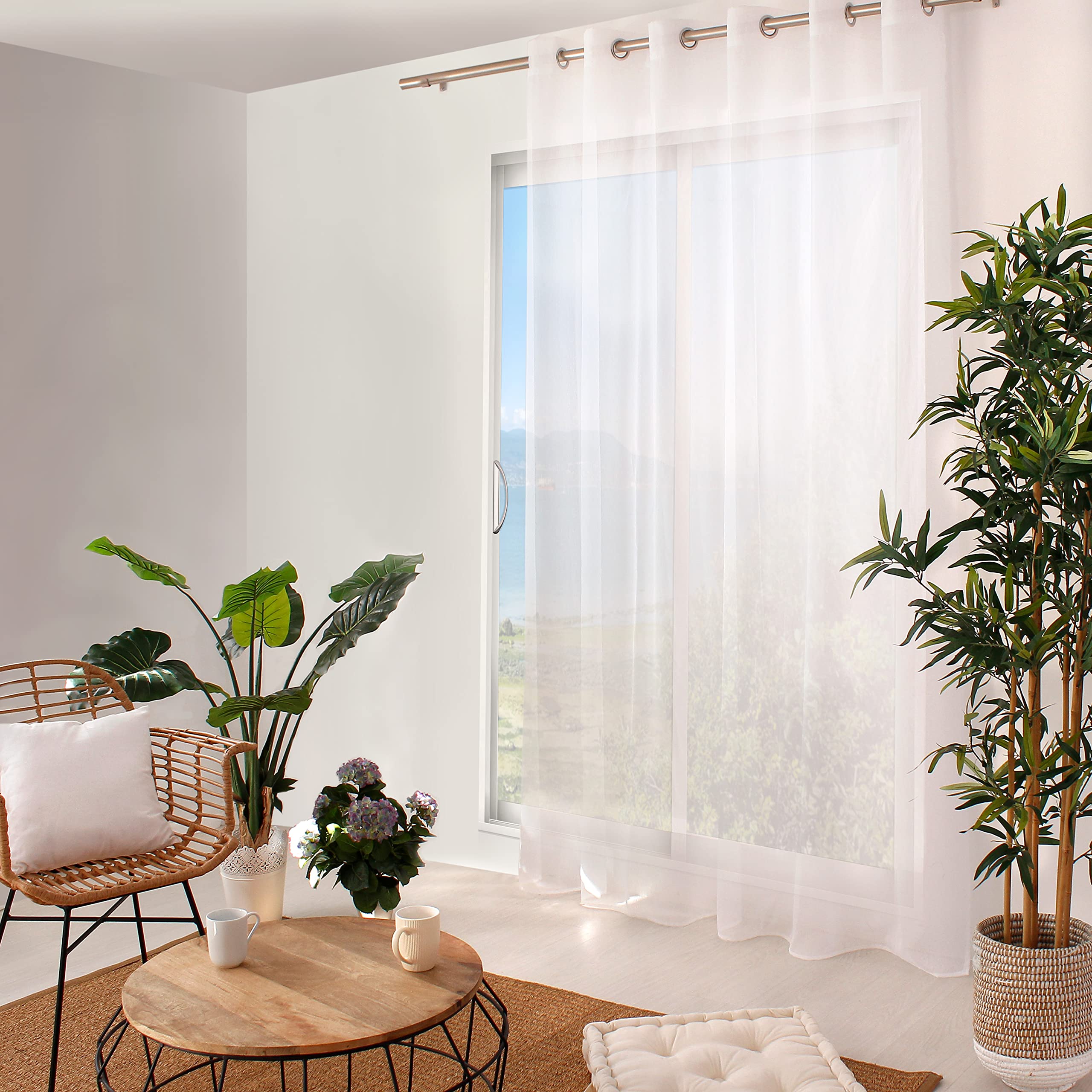 Enjoy Home Large White Net Curtain 240 x 240 cm with 12 Silver Eyelets Diameter 4 cm 100% Sandblasted Polyester Sandblasted Collection