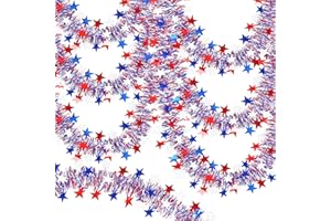 ADISHER 3 Pack 50FT 4th of July Patriotic Tinsel Garland Decoration, Red, White and Blue Tinsel with Star Metallic Glitter Hanging Garland for Memorial Day, Independence Day Indoor and Outdoor Decor