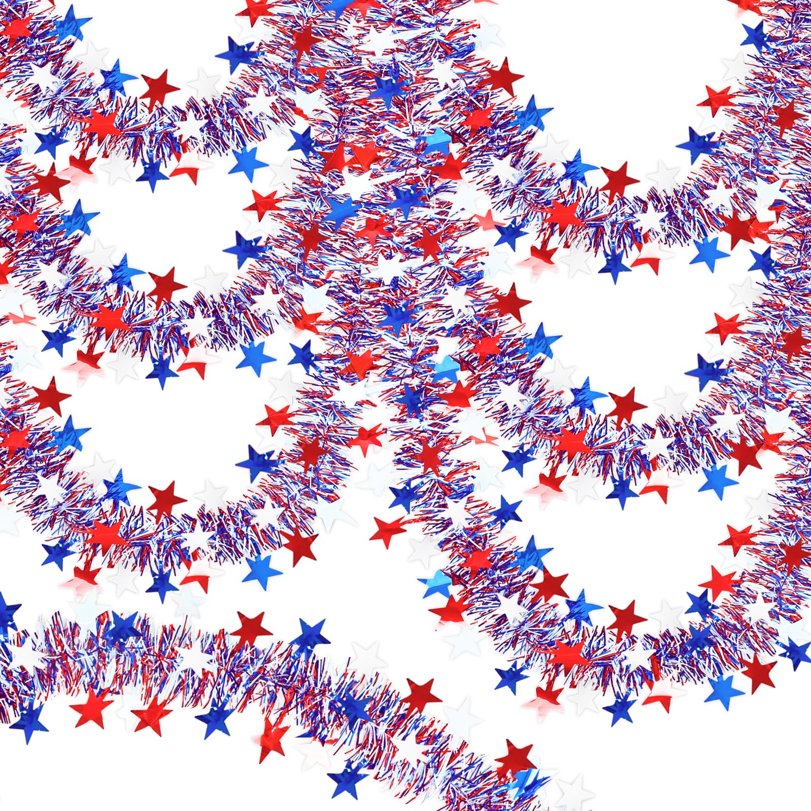 Photo 1 of 3 Pack 50FT 4th of July Patriotic Tinsel Garland Decoration, Red, White and Blue Tinsel with Star Metallic Glitter Hanging Garland for Memorial Day, Independence Day Indoor and Outdoor Decor
