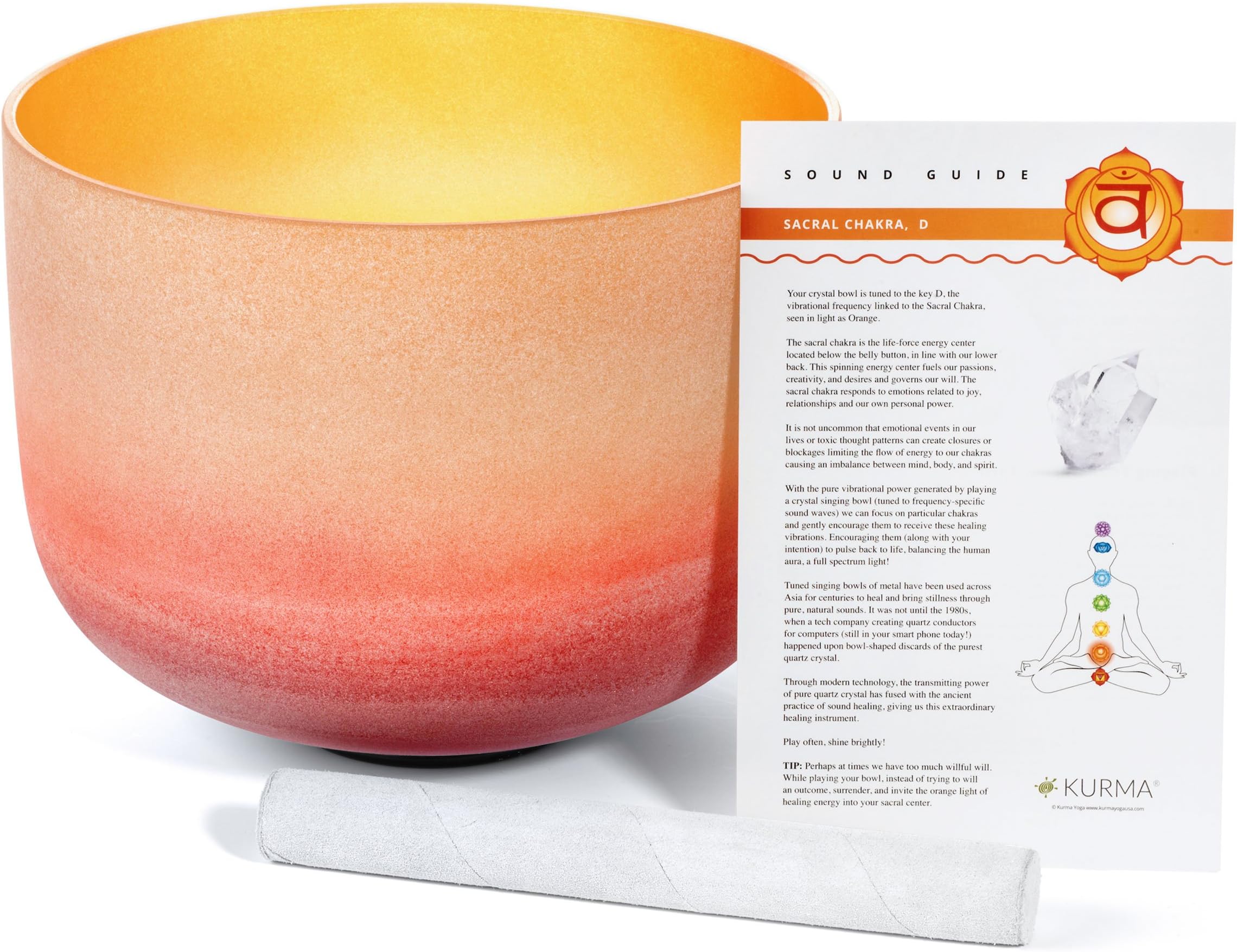 Crystal Singing Bowl Sacral Chakra D Note, Rainbow Ombre Orange, Mallet and Guide Included, Sound (10 inch)