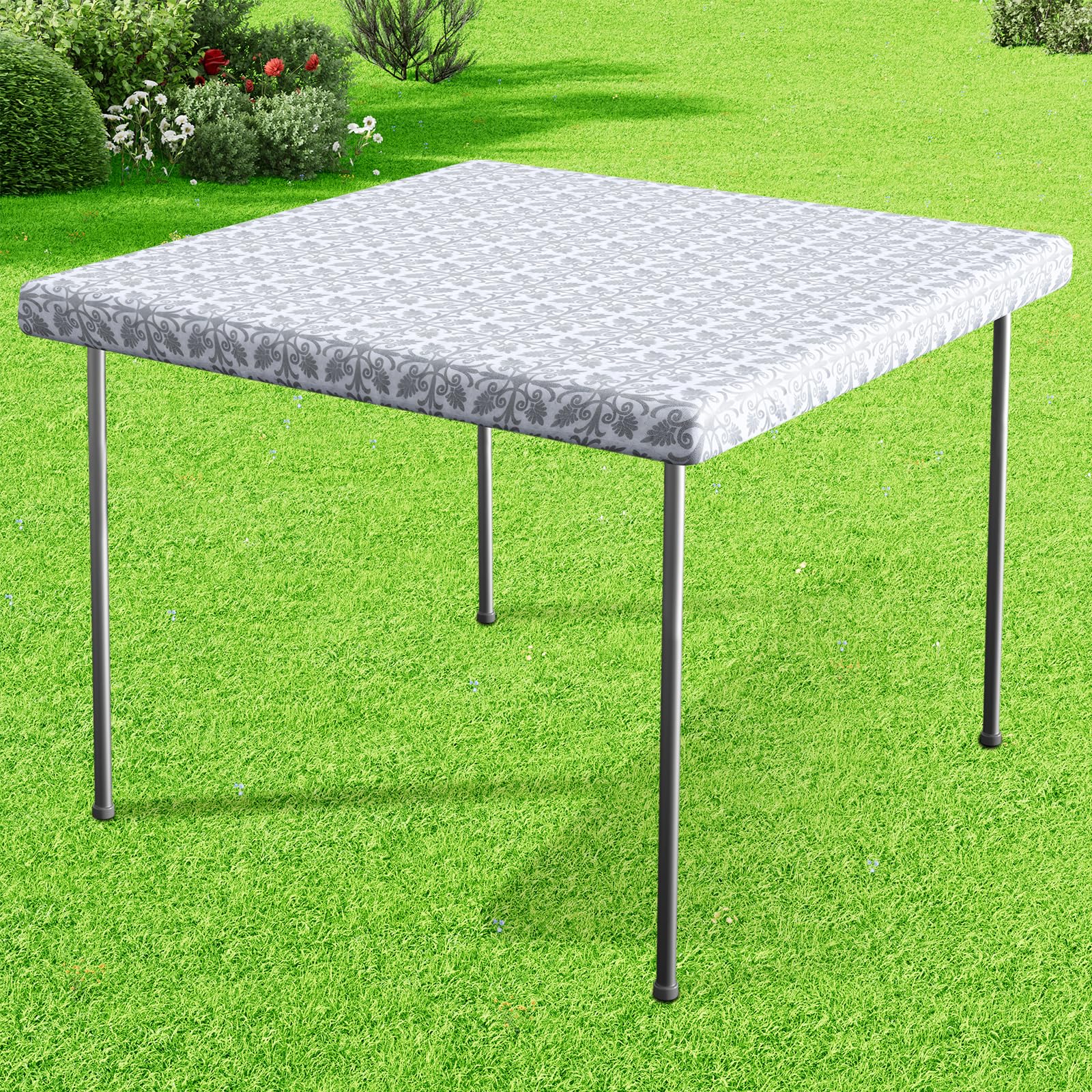Photo 1 of misaya Square Vinyl Table Cloth, Elastic Fitted Flannel Backed Tablecloth, 100% Waterproof Plastic Table Cover Fits Folding Tables for Picnic, Camping, Outdoor (Silver Grey, 34" x 34")