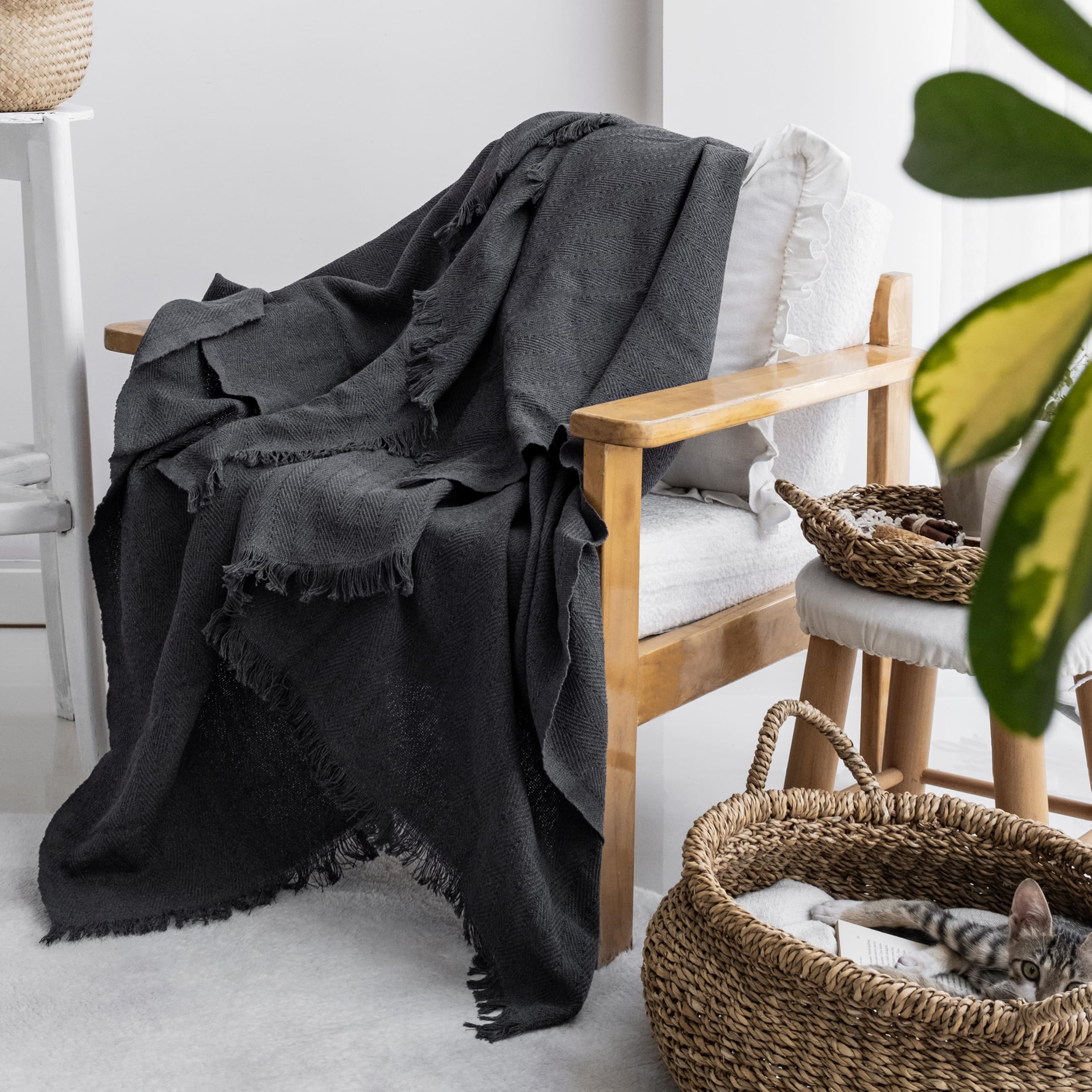 Milam London Cotton Throw Blanket | Soft Throws For Armchairs, Sofa, Settee | Single Bed Throw, Dark Grey - 170 x 200 cm