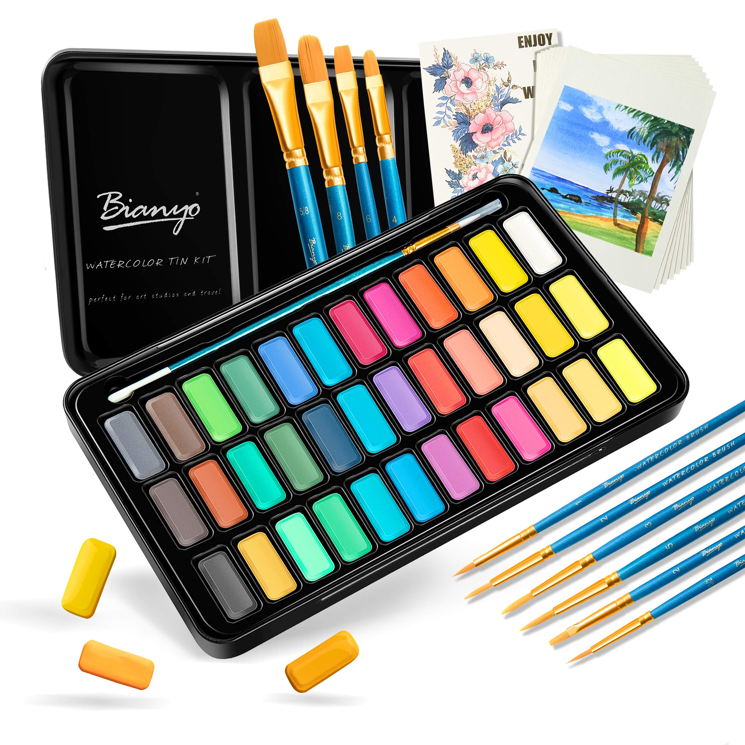 36 Colors Watercolor Paint Set with 10+1 pcs Watercolor Brushes, 8 pcs