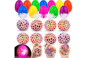 GRASTFU 12 Pack Easter Eggs Filled with LED Stress Balls Fidget Toys, Easter Eggs Fillers Light Up Squishies Squeeze Ball Sensory Toys Easter Hunts Party Favors Easter Basket Stuffers for Kids Boys Girls