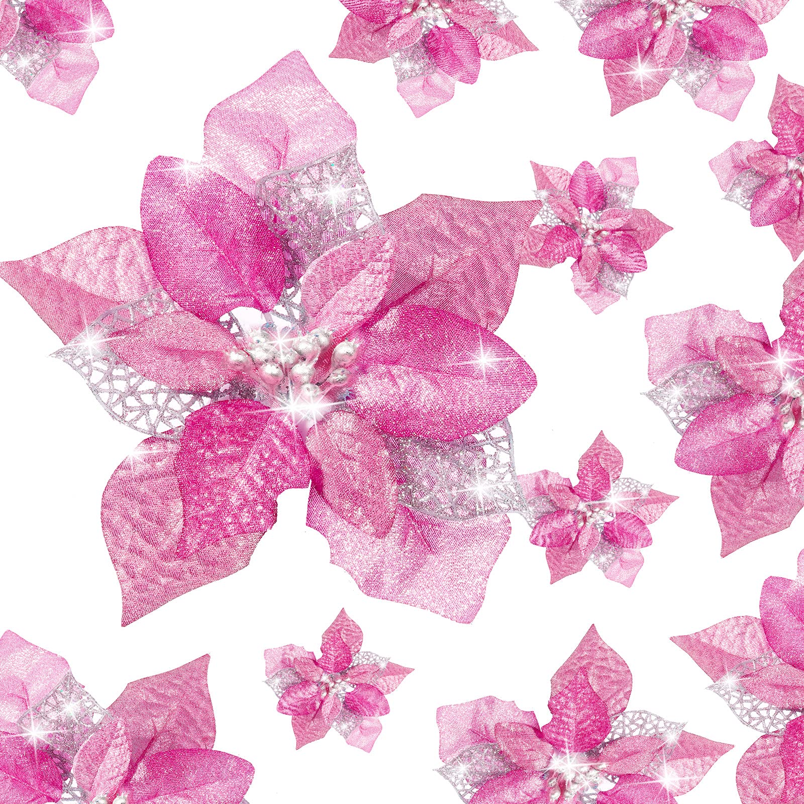Boao 24 Pieces Christmas Glitter Flowers Poinsettia Artificial Xmas Flowers Wedding Christmas Tree New Year Ornaments (Pink) — image 1