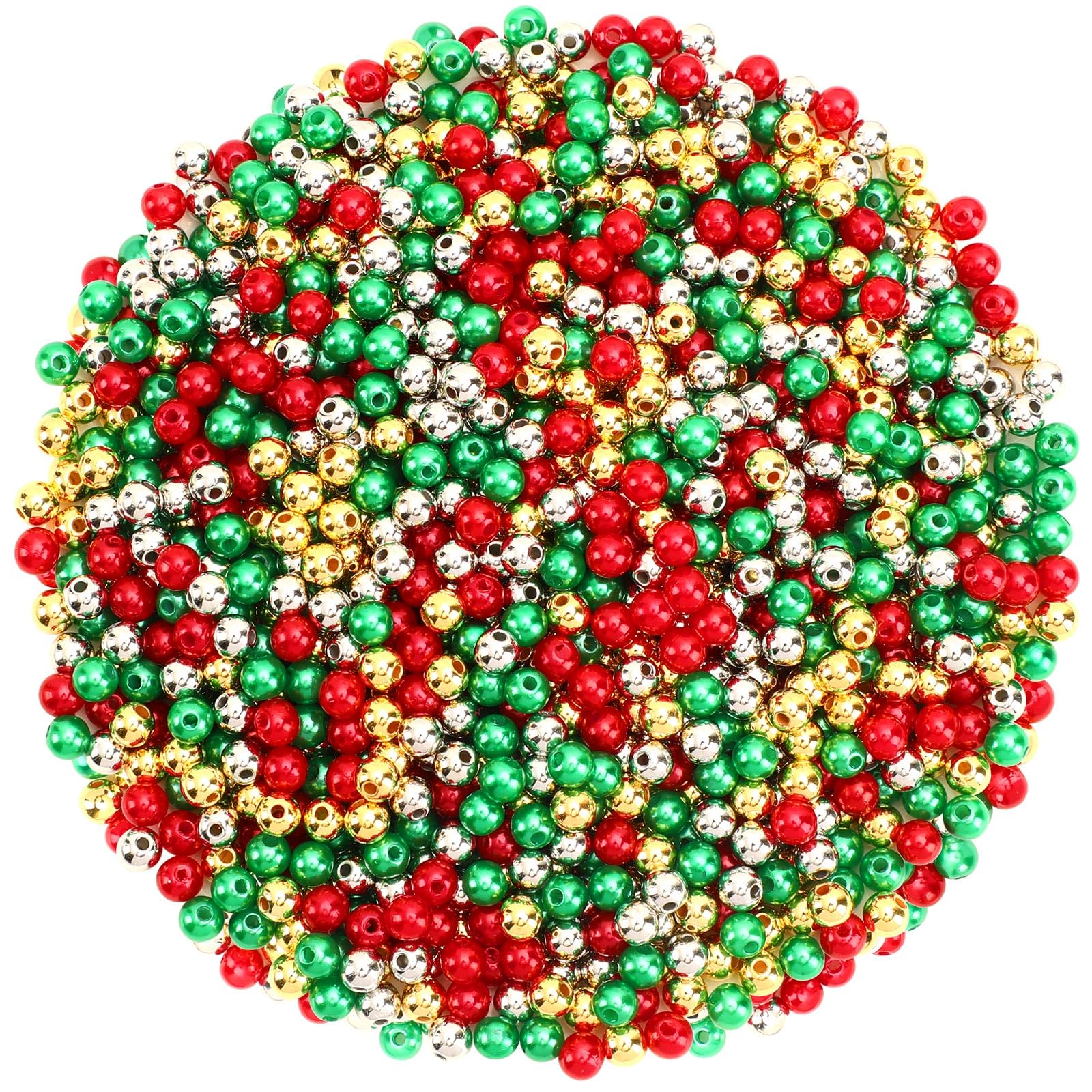 UPINS 1200 Pcs Christmas Pearl Beads - Red, Green, Gold, Silver Round 6mm Pearl Beads for Jewelry Making, Christmas Holiday Party Decoration