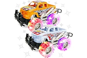 ArtCreativity Orange and White Light Up Monster Truck Set for Boys and Girls, Set Includes 2, 6 Inch Monster Trucks with Beautiful Flashing LED Tires, Push n Go Toy Cars, Best Gift for Kids Ages 3+