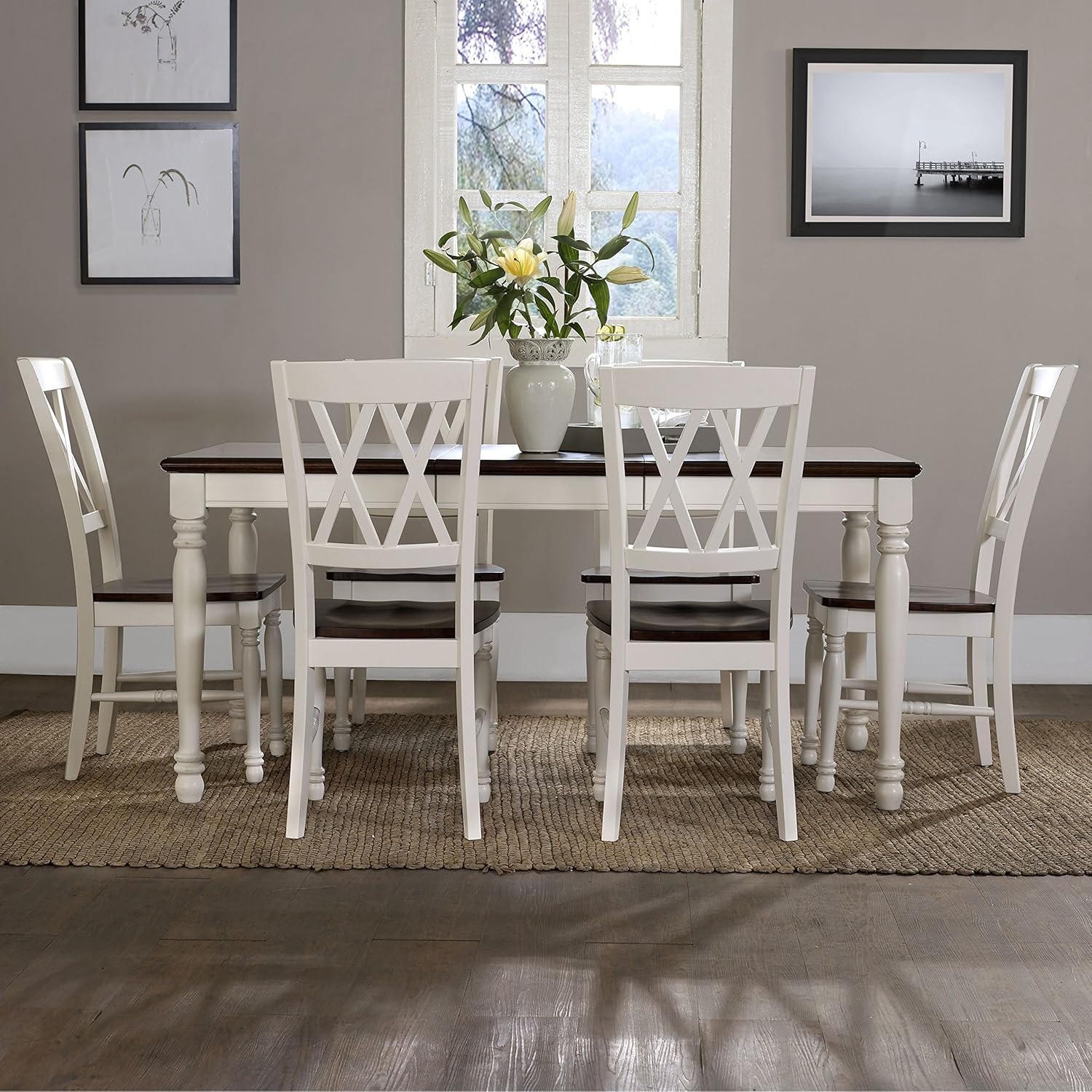 Crosley Furniture Shelby 7-Piece Dining Set with Table, Extension Leaf, and 6 Chairs, Distressed White - Table & Chair Sets