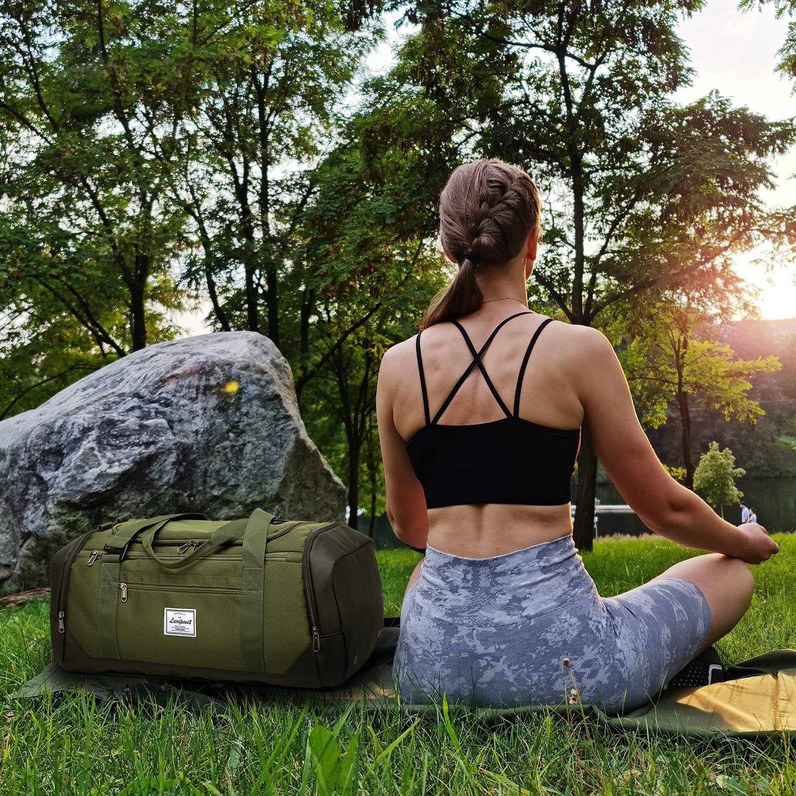 Laripwit Reisetasche Herren 40L Mittelgroß Sporttasche mit Schuhfach und Nassfach Weekender Travel Tasche Rucksack für Reisen Duffel für Damen, Armeegrün 6