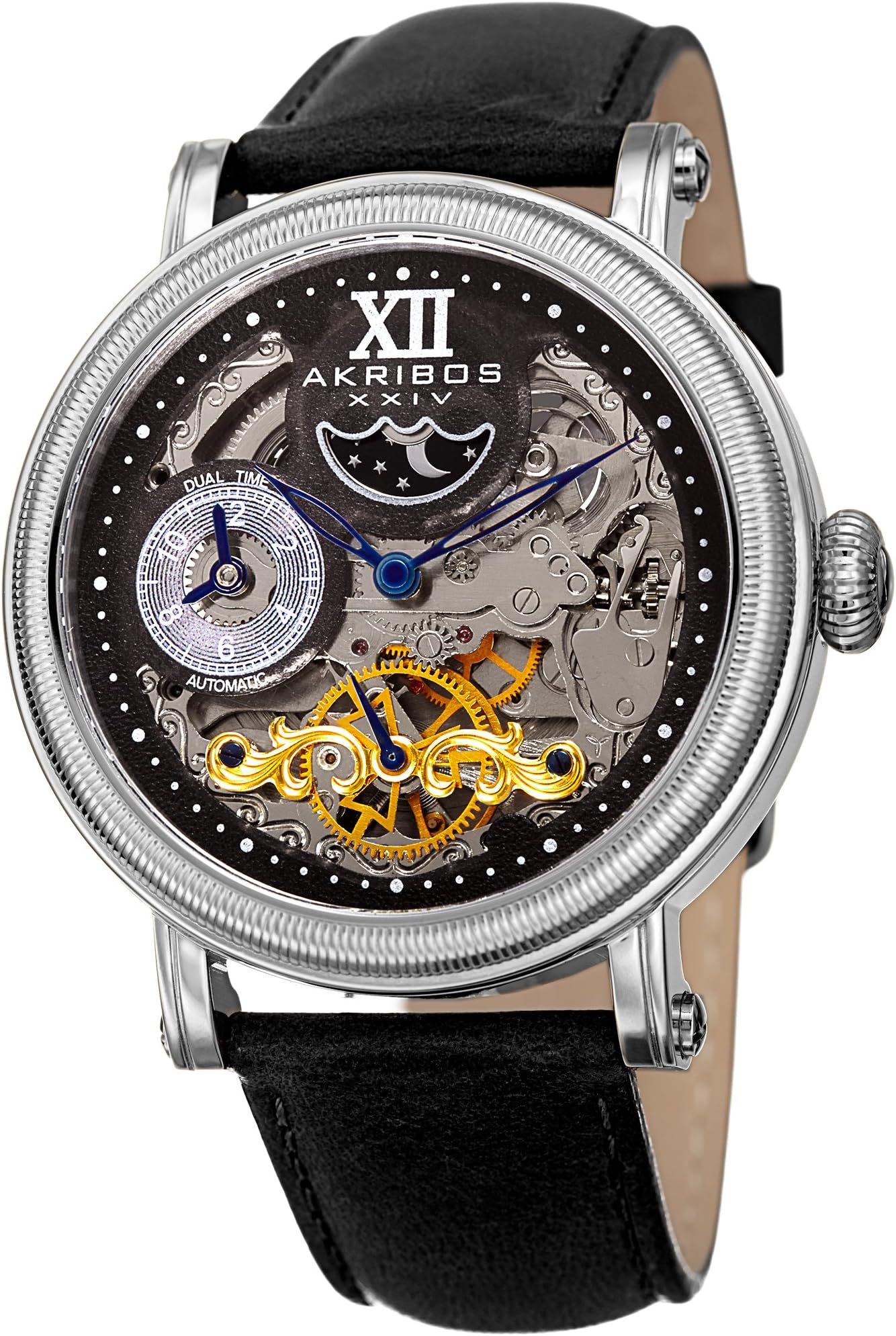 Akribos Skeleton Automatic Dual Time Watch - Skeletonized Self-Wind Men's Coin-Edge Bezel Transparent Watch - Casual Genuine Leather Watch AK968