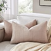 ZeeMart Linen Checked Lumbar Throw Pillow Covers Set of 2, 12x20 Inch Allover Grid Taupe, Farmhouse Decorative Double Sided Grid Embroidered Couch Pillow Cases Taupe Cotton Linen Cushion Covers