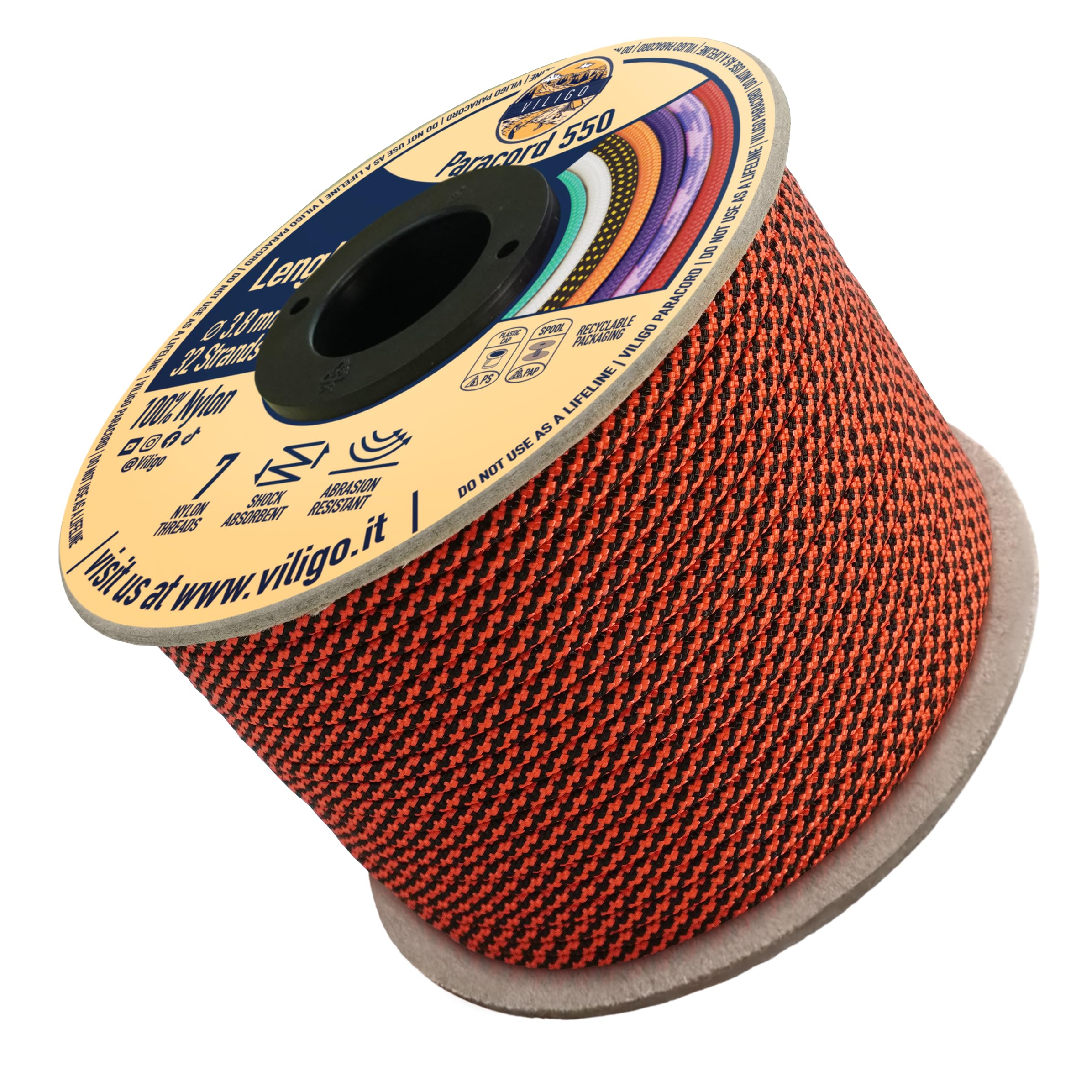 VILIGO Paracord 550 Nylon Rope Ideal for Making a Bracelet, Leash or Collar, Camping Rope for Tents and Hiking (50 m, Lava)