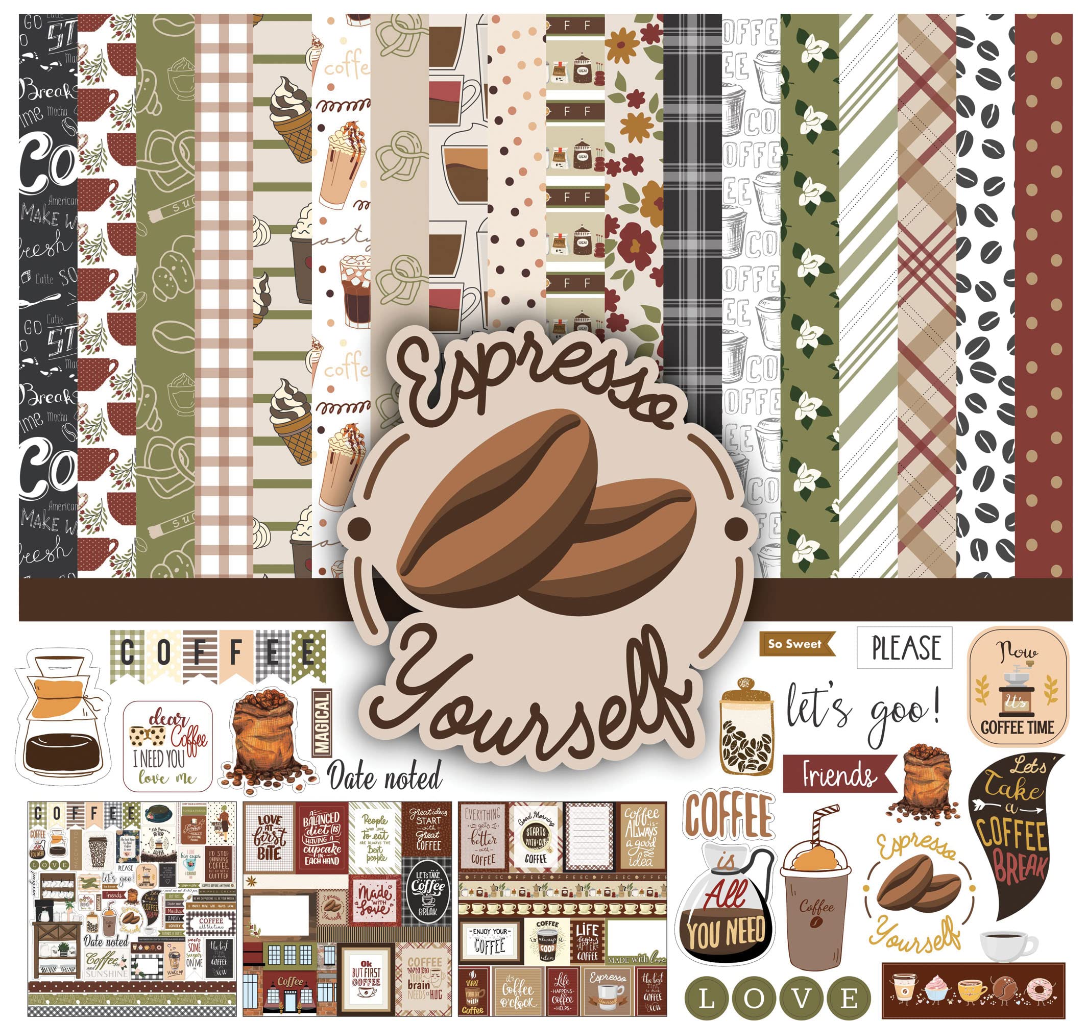 Inkdotpot Coffee Theme Collection Double,Sided Scrapbook Paper Kit Cardstock 12"x12" Card Making Paper Pack of with Sticker Sheet - 16 Pages - Multicolor