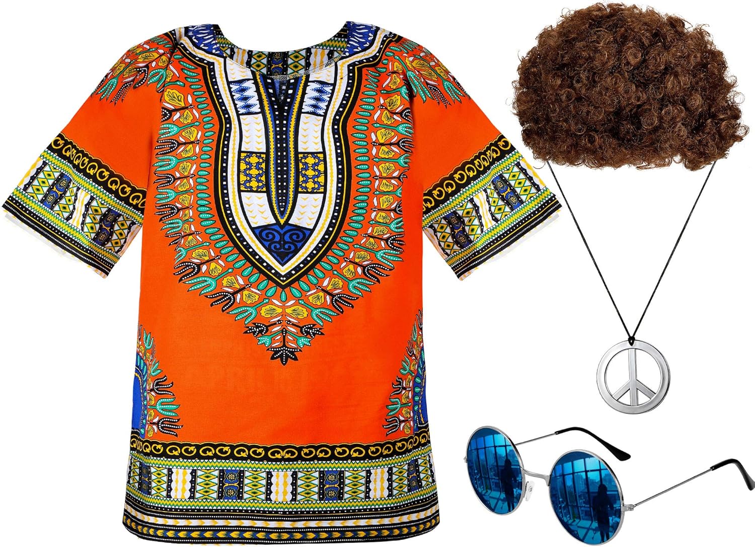 Hippie Costume Set Men's Hippie Shirt Brown Wig Sunglasses Peace Sign Necklace: Clothing