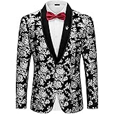 YND Men's Velvet Floral Blazer, One Button Tuxedo Jacket, Shawl Lapel Suit Coat for Dinner Prom Party Wedding