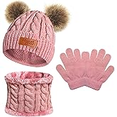 Toddler Kids Winter Hat Gloves Scarf Set, Warm Knit Boys Girls Hats Pompoms Beanie Caps Neck Warmer with Fleece Lined Gifts
