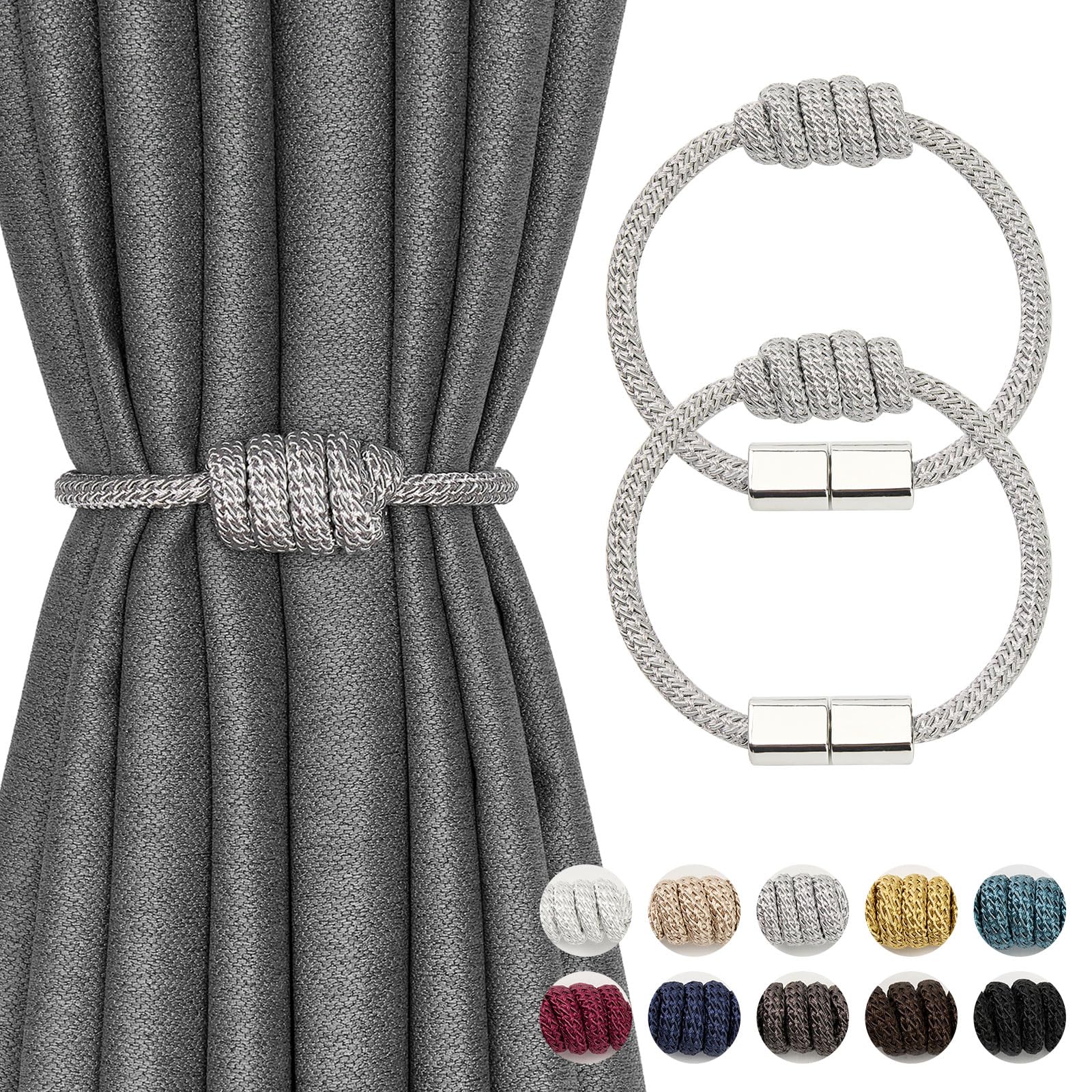 Pretty Jolly 2 Pack Mini Magnetic Curtain Tiebacks Modern Simple Style Drape Tie Backs Elegant Hand Weave Rope Knot Decorative Curtain Holdbacks for Home & Office Window Drapery (Silver Grey)