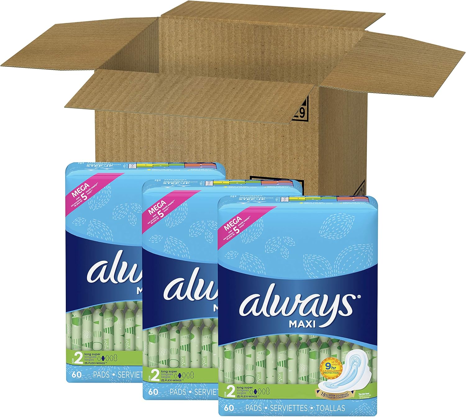 Always Maxi Feminine Pads with Wings for Women, Size 2, Long Super Absorbency, Unscented, 60 Count - Pack of 3 (180 Count Total): Health & Personal Care