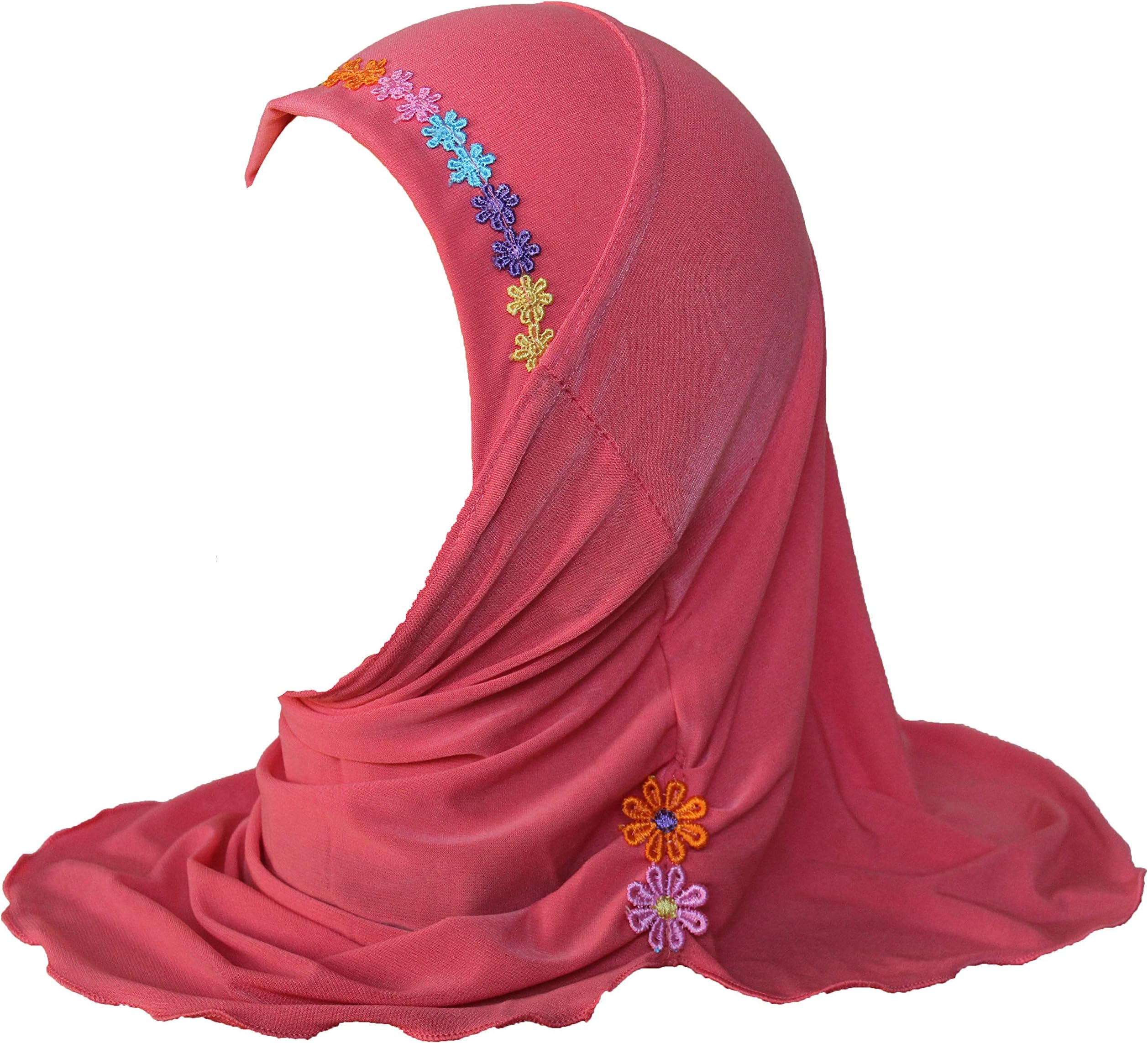 Cogongrass Muslim Hijab Islamic Arab Scarf Shawls with Beautiful Flowers for Girls Kids,Watermalon Red,45cm/18 inches