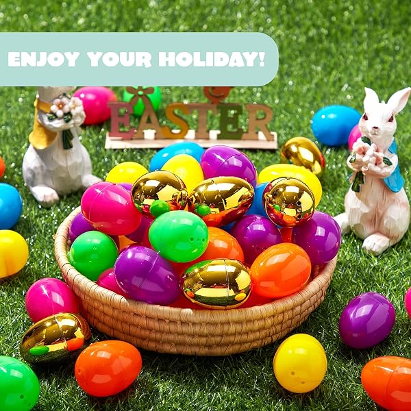 JOYIN 200PCS EASTER EGGS, EMPTY 2.3″ 194PCS COLORFUL WITH 6PCS GOLDEN EGGS BULK PLASTIC FILLABLE FOR EASTER HUNT PARTY FAVOR BASKET STUFFERS FILLER CLASSROOM PRIZE SUPPLIES DECOR