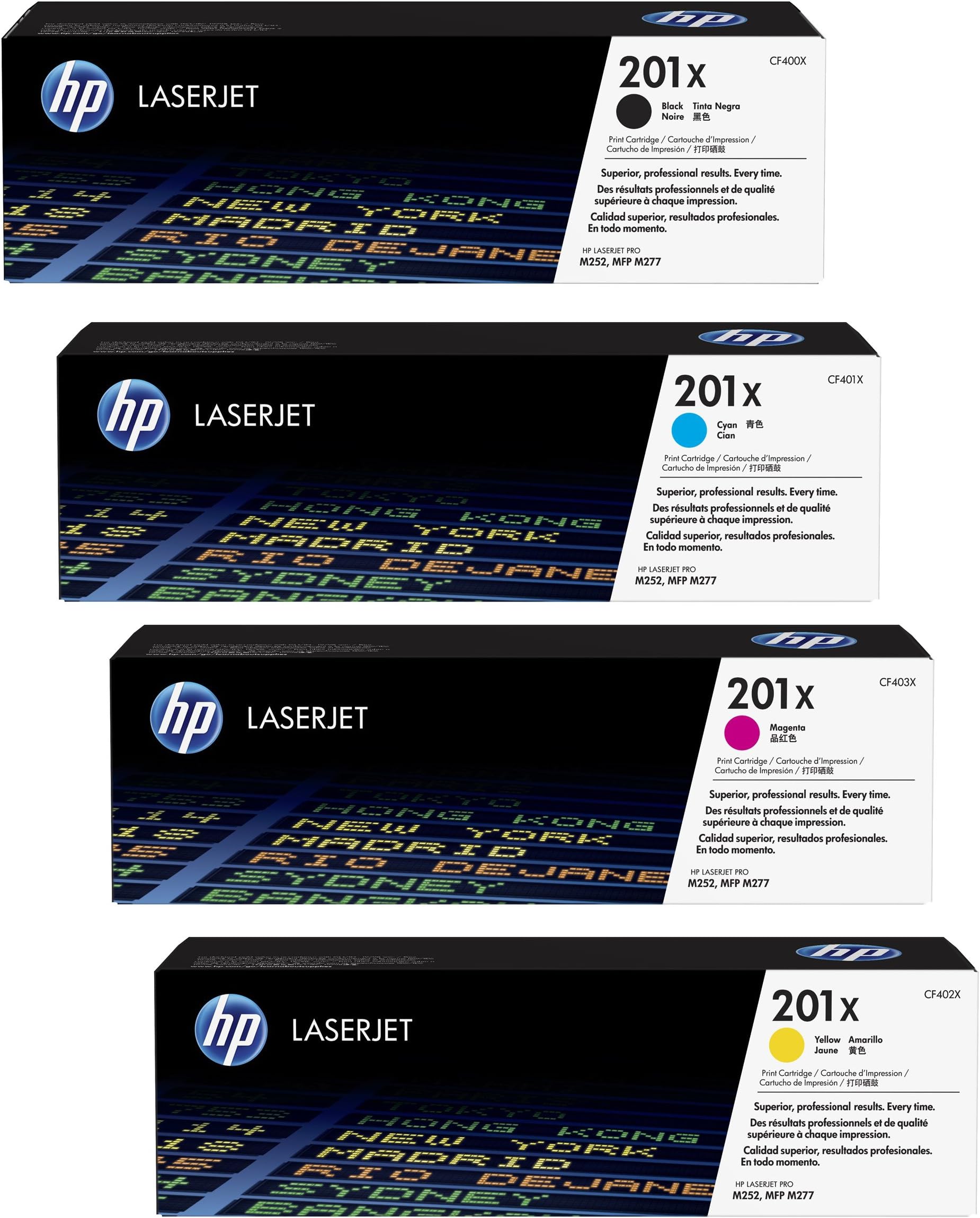 HP 4 x Original XL HP Toner CF400X, CF403X, 201X for HP Colour LaserJet Pro MFP 277 DW – Black, Cyan, Magenta, Yellow – Power: Black Approx. 2,800 Pages, Colours Approx. 2,300 Pages/5%