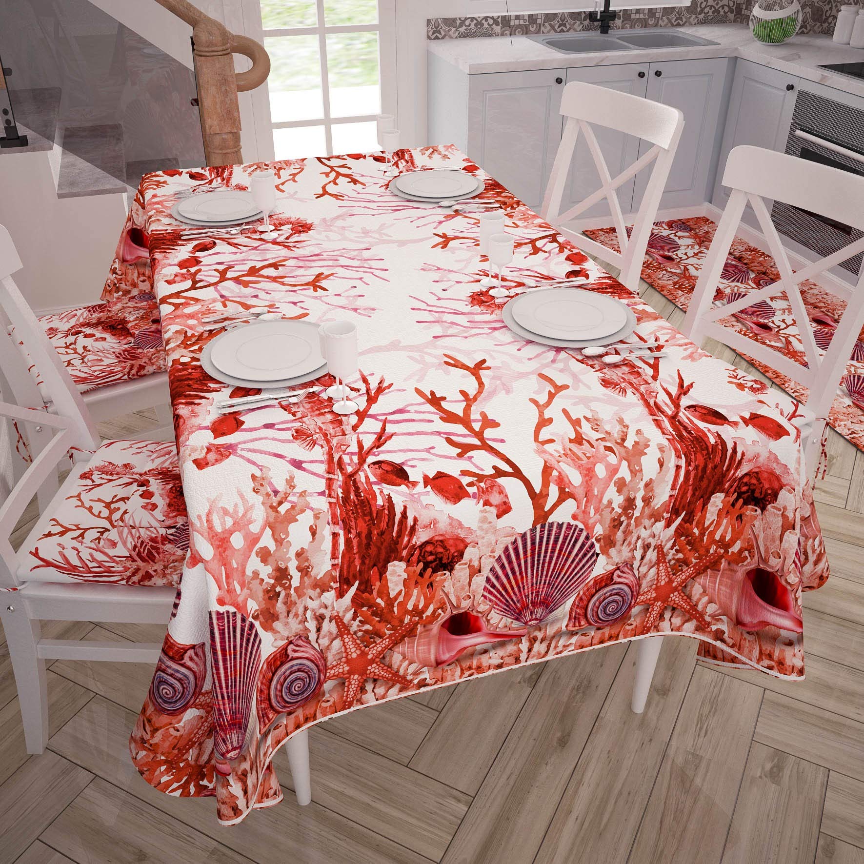 PETTI Artigiani Italiani - Rectangular Anti-Stain Tablecloth Kitchen Table Cover Coral Red Design X12 Seater (140 x 240 cm) 100% Made in Italy