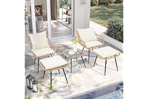 FHFO 5 Pieces Outdoor Wicker Furniture Set, Patio Bistro Set with Ottomans Rattan Balcony Furniture for Apartment, Garden, Porch, Backyard, Poolside,Natural-Beige