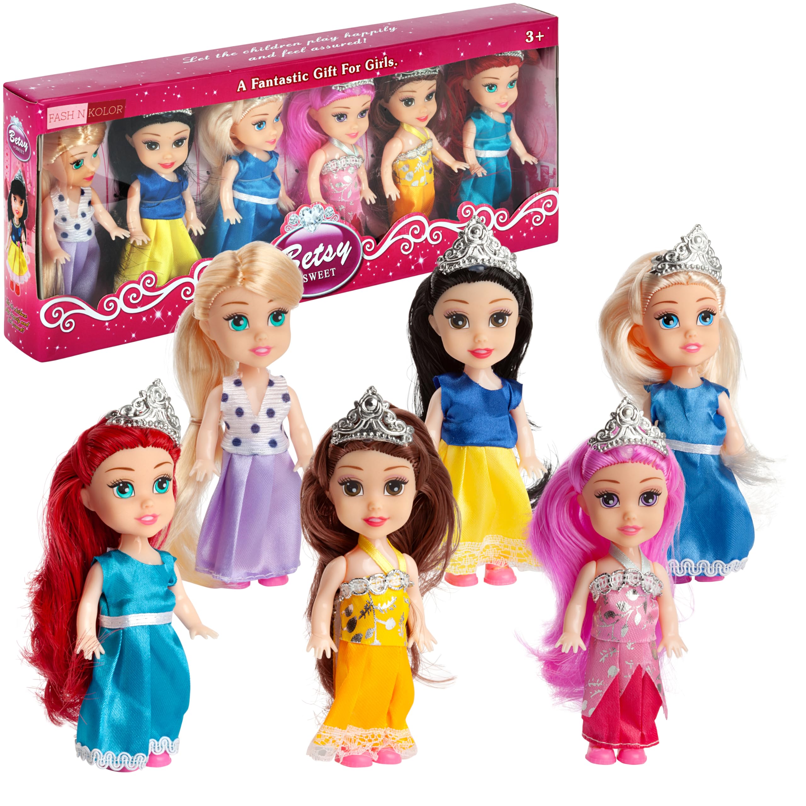 Photo 1 of fash n kolor Mini Princess Dolls Set for Girls – 6 Small Royal Toddler Dolls with Dresses, Tiaras & Accessories – Dollhouse Doll Figures for Pretend Play & Party Favors Set for Girls