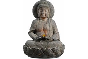 Teamson Home Buddha Zen Statue Water Fountain with LED Light and Pump for Outdoor Patio Garden Backyard Decking, 28 Inch Height, Stone Gray
