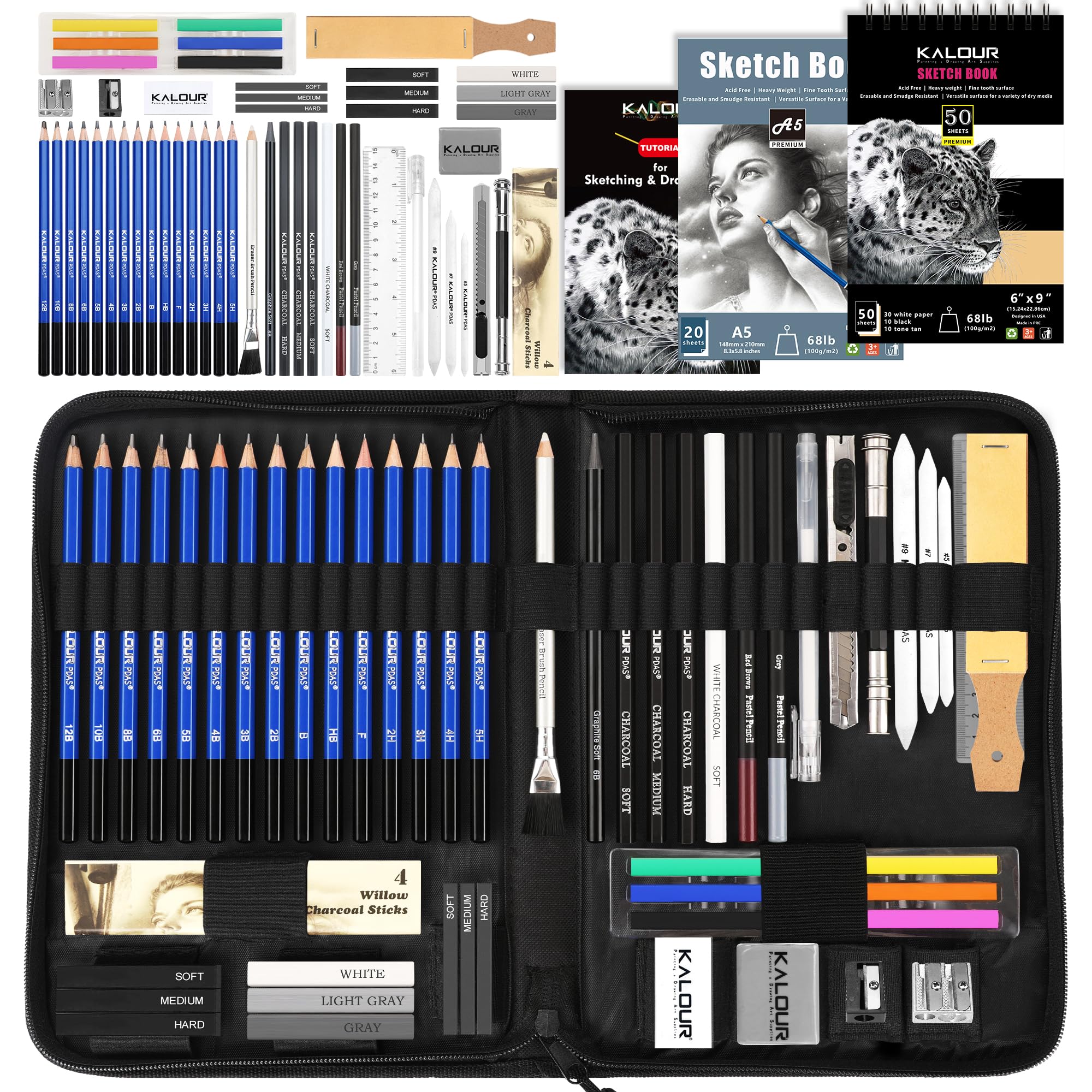 KALOUR PDAS 58 Pack Drawing Set Sketch Kit, Sketching Supplies with 3-Color Sketchbook, A5 SketchBook, Tutorial, Graphite & Charcoal Pencils, Pro Art Drawing Kit for Artists Adults