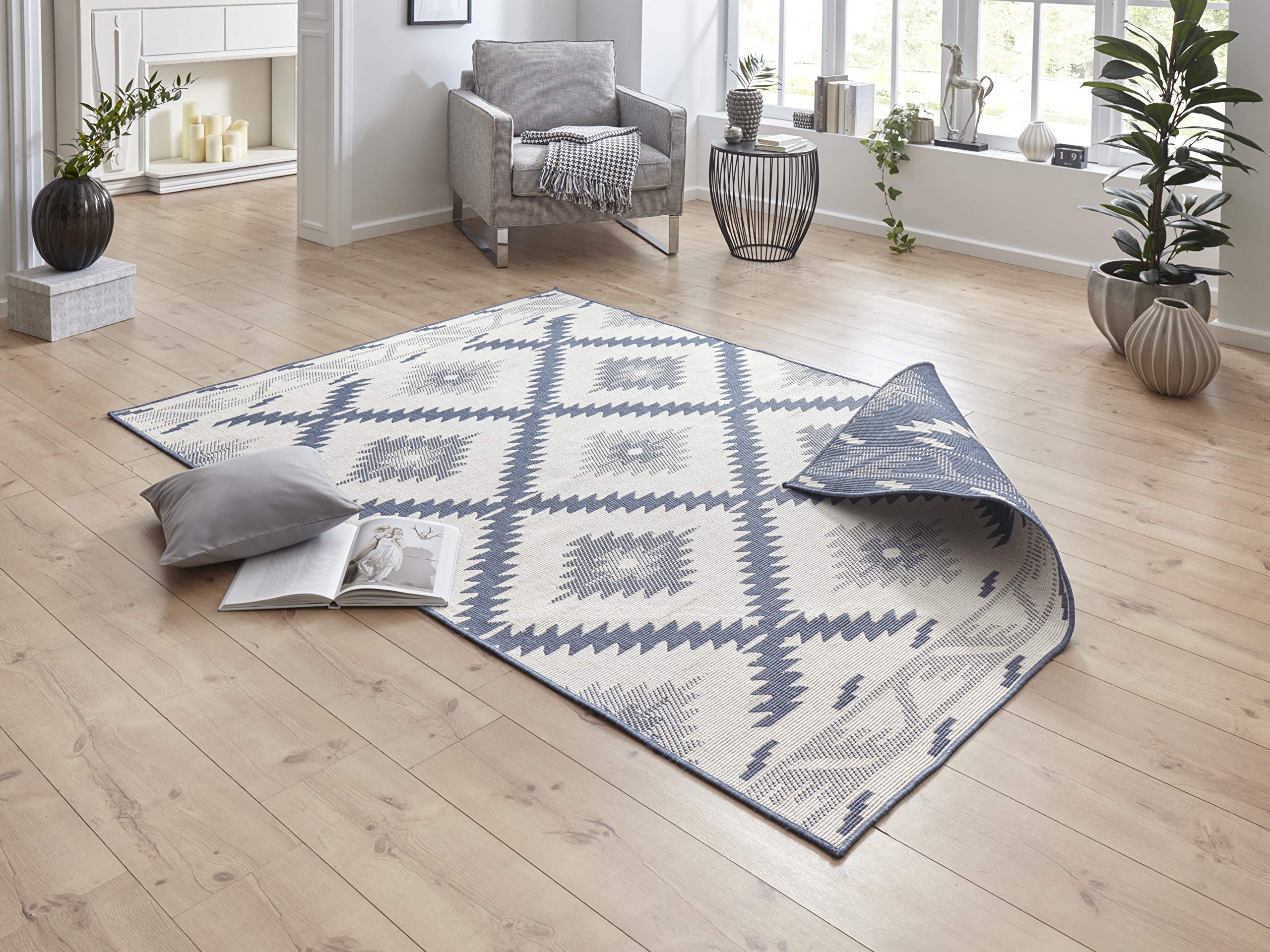 NORTHRUGS Malibu Indoor and Outdoor Rug 80 x 150 cm - Reversible Rug Weatherproof Modern Geometric Pattern Runner for Balcony Patio Garden Conservatory Living Room Rug Waterproof in Blue Cream