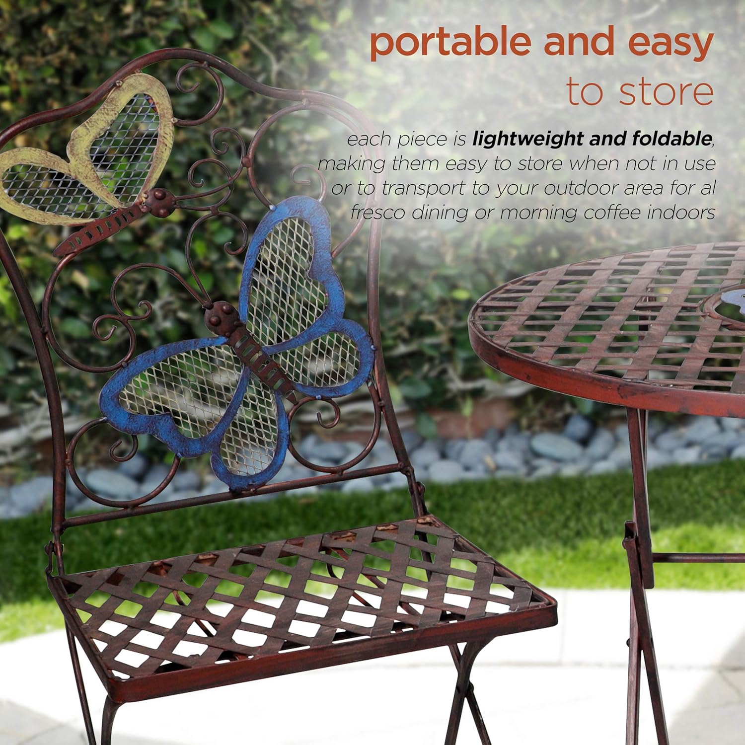 Alpine Corporation Indoor/Outdoor Butterfly Design 3-Piece Bistro Set Folding Table and Chairs Patio Seating, Multi (BVK574A): Garden & Outdoor