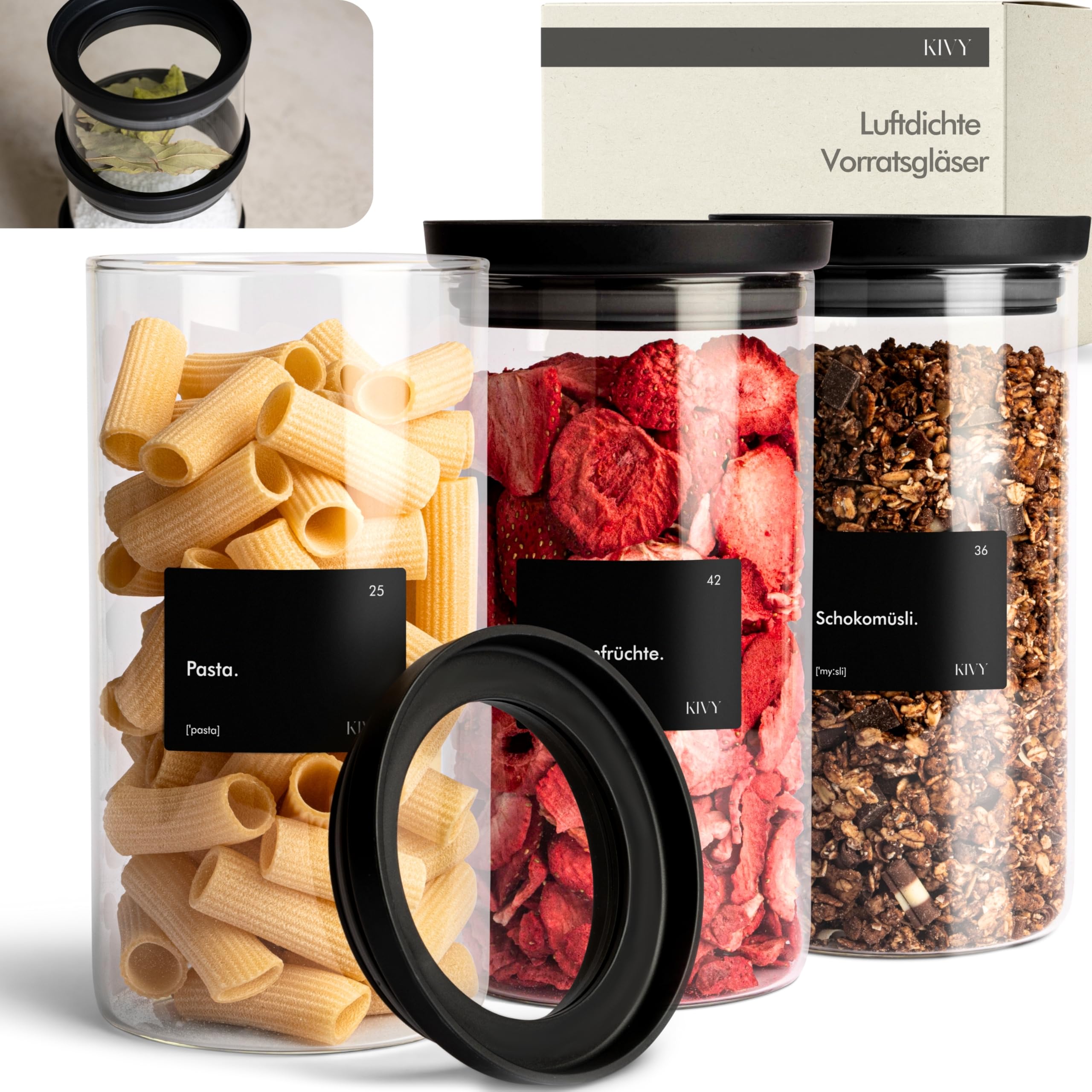 KIVY Vorratsgläser mit transparenten Glasdeckel [3x 1200ml] Luftdichte & Stapelbare Vorratsgläser mit Deckel Luftdicht - Vorratsdosen Glas mit Deckel - Vorratsglas mit Deckel - Aufbewahrungsgläser