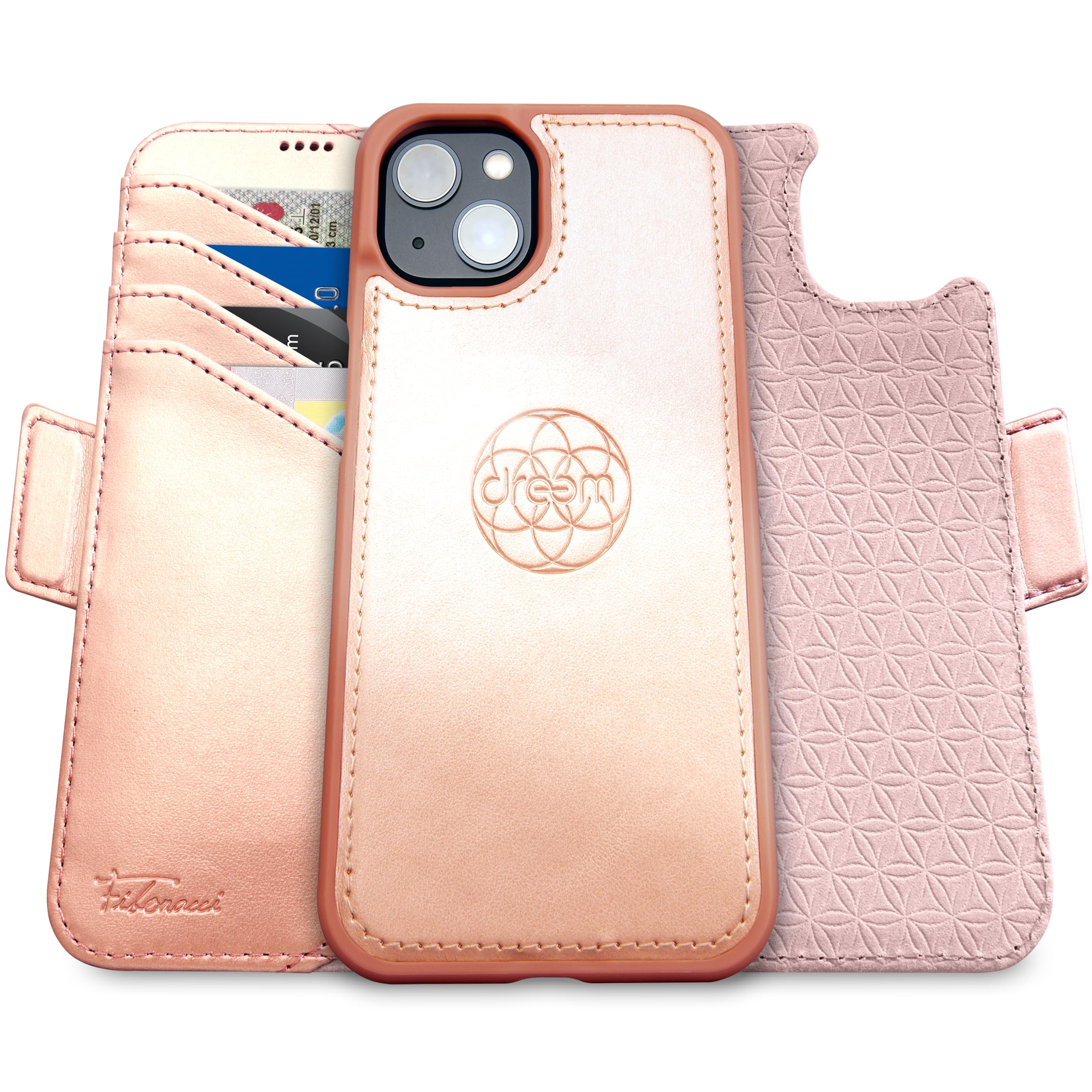 dreem Wallet Case for iPhone 15, Revolutionary Vert/Hor Phone Stand, Magnetic Detachable Vegan Leather Flip Cover RFID Blocking Card Holder, MagSafe-Fit, Gift Box [Fibonacci: Rose] — image 1
