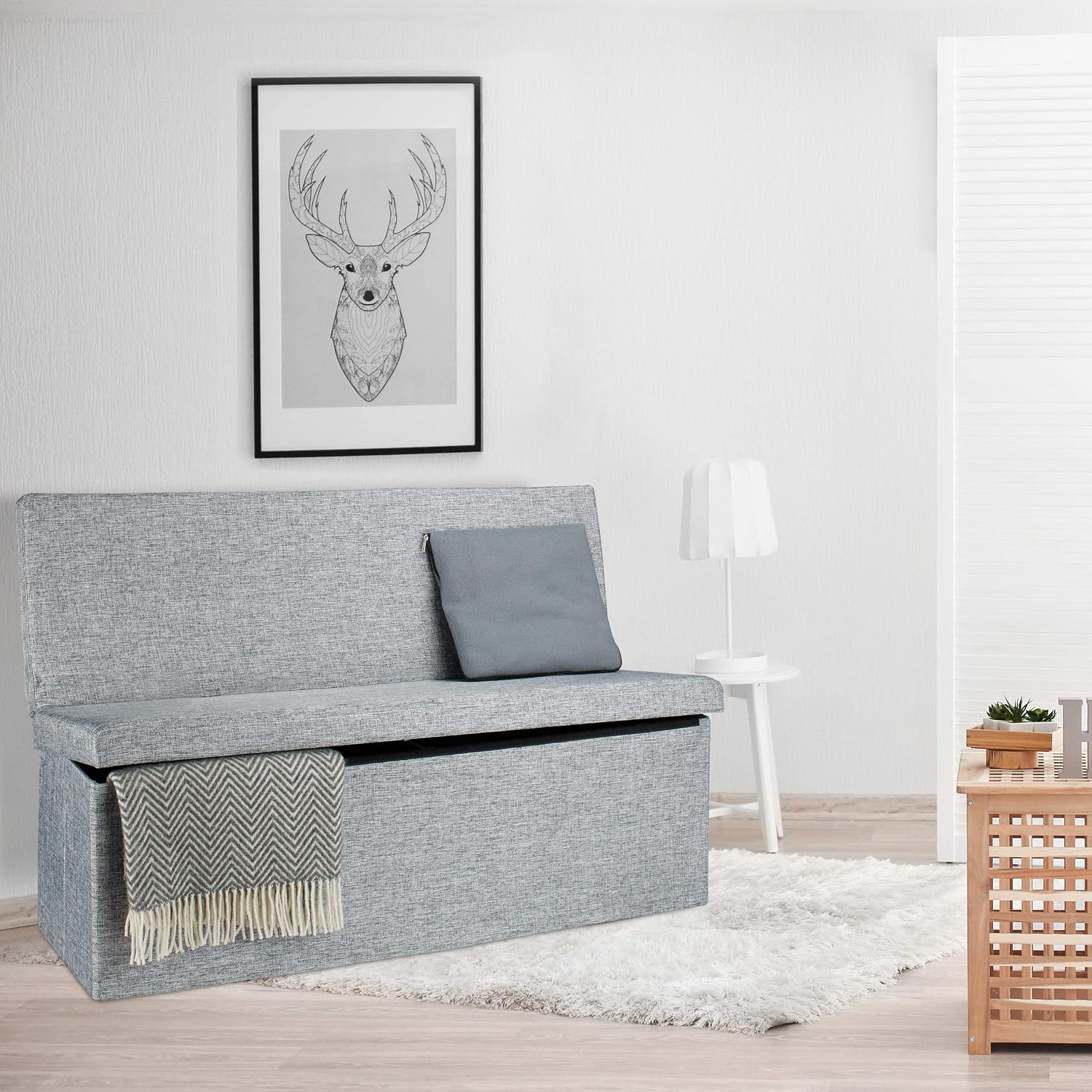 Relaxdays Folding XL Storage Ottoman with Seat Back, 73 x 114 x 38 cm Sturdy Footstool Bench Linen with Removable Lid, Grey - Image 4