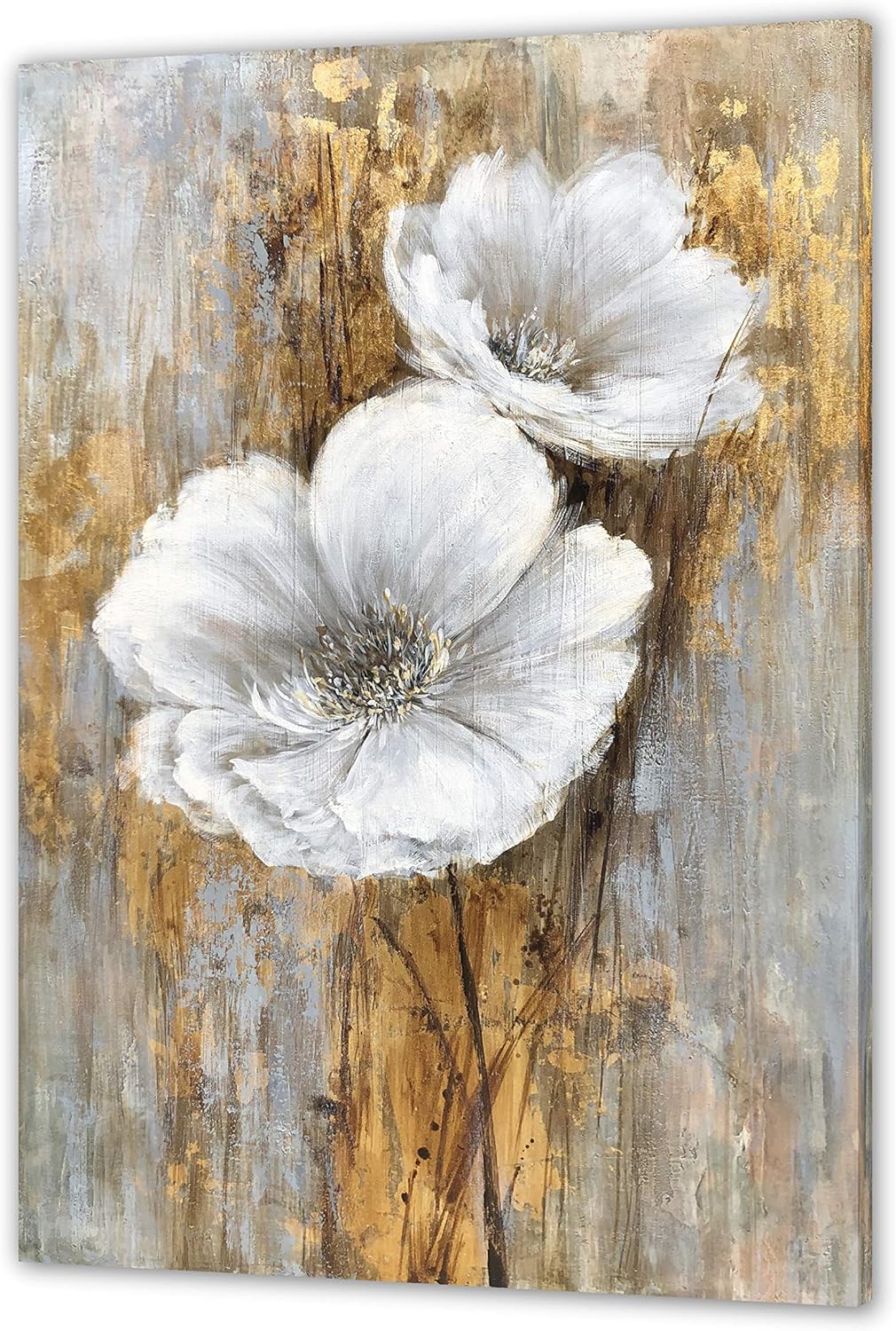 Paintings - Yihui Arts White Floral Wall Pictures Hand Painted Lily Bouquet Flower Oil Painting Artwork With Gold Foil For Living Room Decoration