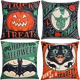 Vintage Halloween Decor-Throw Pillow Covers 18x18 in set of 4,Retro Linen Pillow Case with Scaredy Cats Pumpkins Skull Bats for Couch Fall Holiday Outdoor Burnt Orange Green Black Decorations