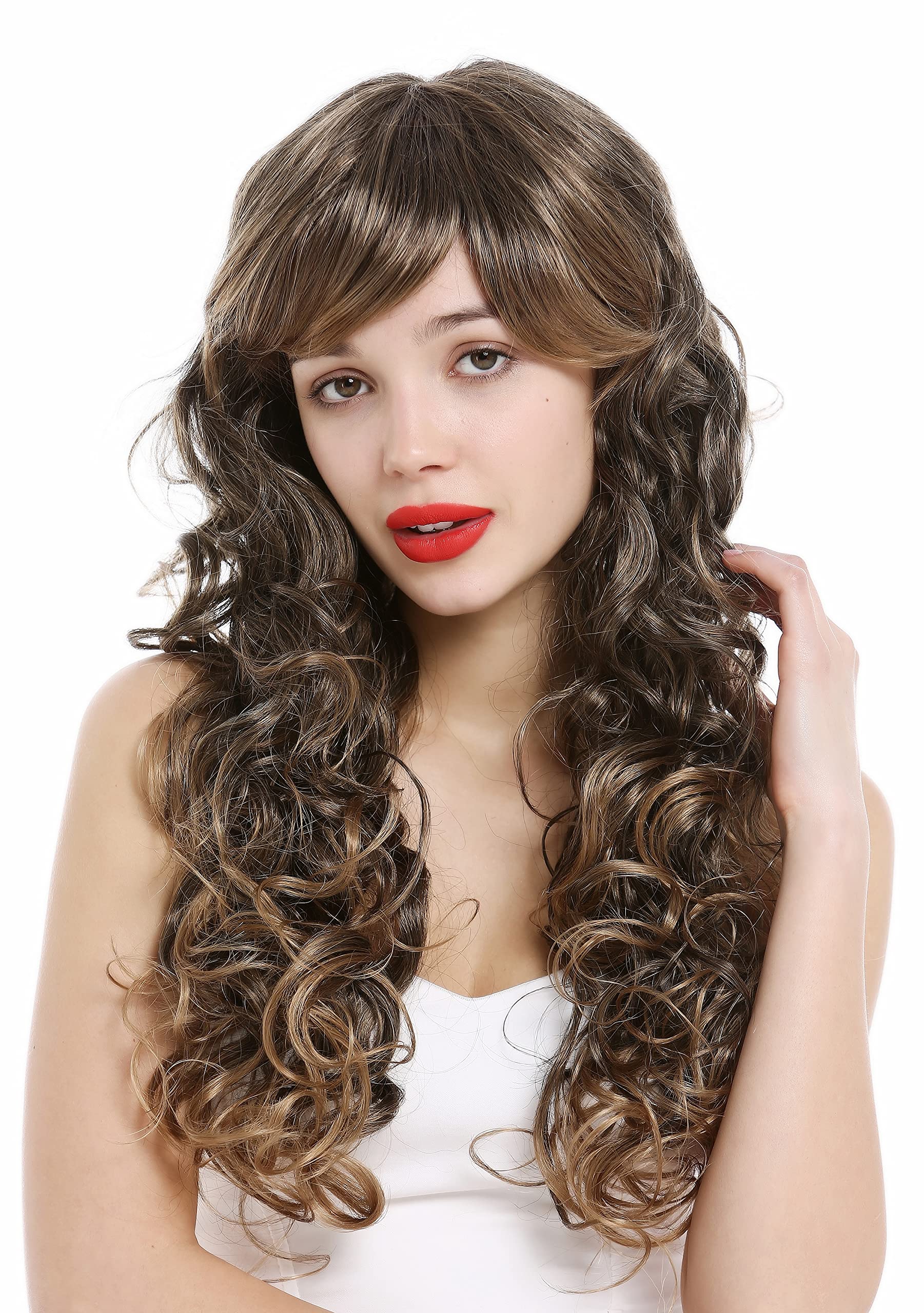 WIG ME UP - VK-36-2T19 Lady wig very long voluminous curled curls dark brown streaked blond highlights tips