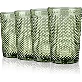 Joeyan Vintage Green Drinking Glasses,Embossed Colored Highball Glass Cups,Water Tumbler Glasses with Diamond Design,Glassware Set for Juice Beverages Cocktail Beer,12 oz,Set of 4,Dishwasher Safe