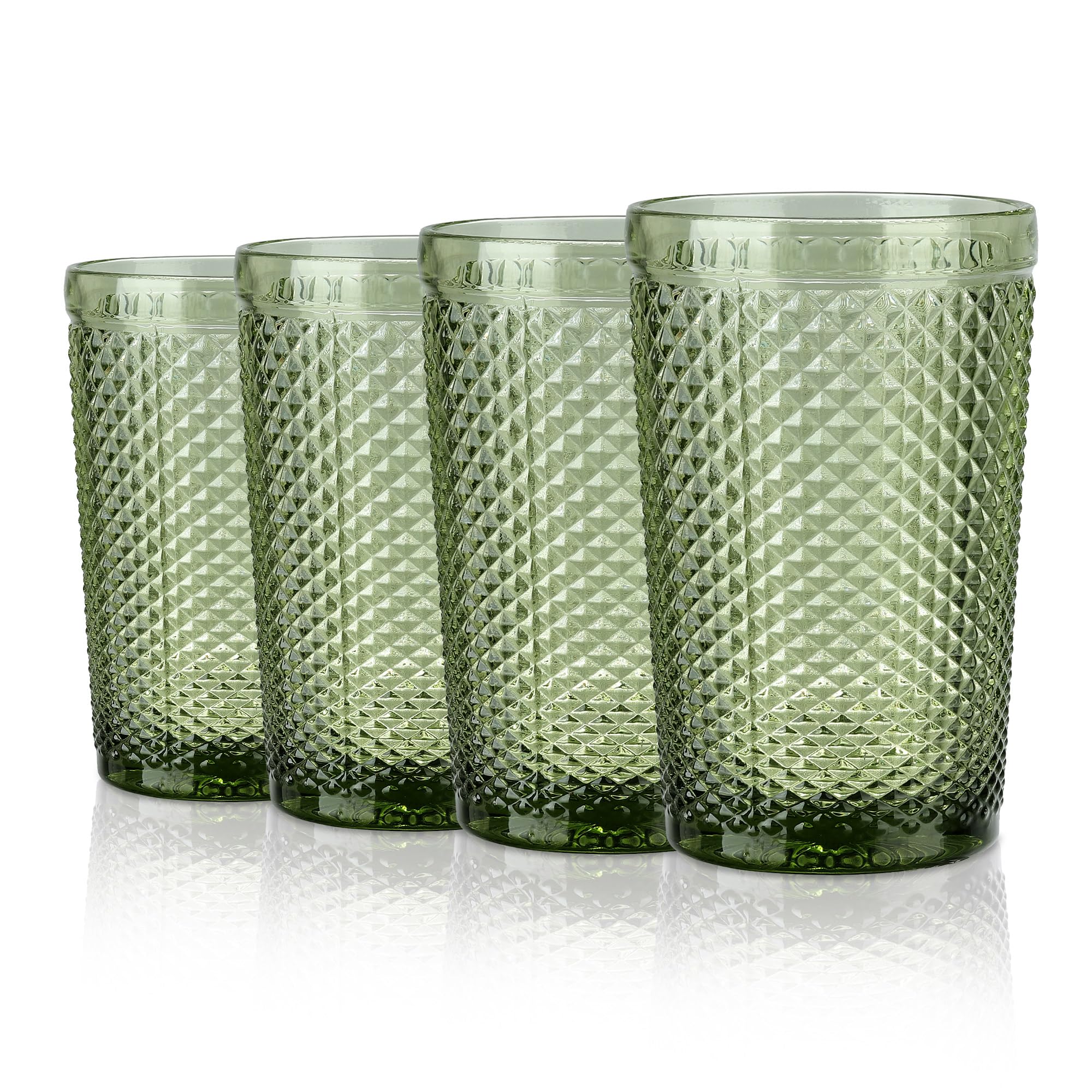 Joeyan Highball Glasses Set of 4, 350 ml Colored Glasses Drinking Embossed Water Glass Cups Tumbler Glasses with Diamond Design Vintage Glassware Set for Juice Beverages Cocktail Beer Tea Gift, Green