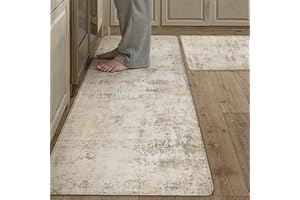 WondRg Kitchen Mats for Floor Set of 2 Anti Fatigue Waterproof Kitchen Rug Beige Grey Abstract Washable Non-Slip Kitchen Mats